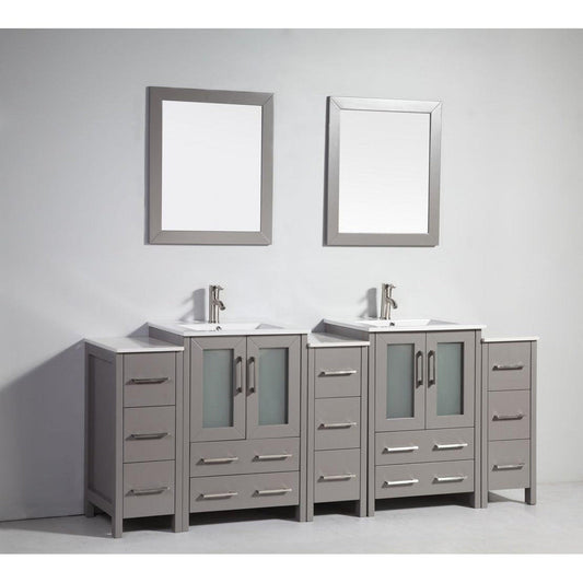 Vanity Art Brescia 84" Double Gray Freestanding Vanity Set With With Integrated Ceramic Sink, 3 Side Cabinets and 2 Mirrors