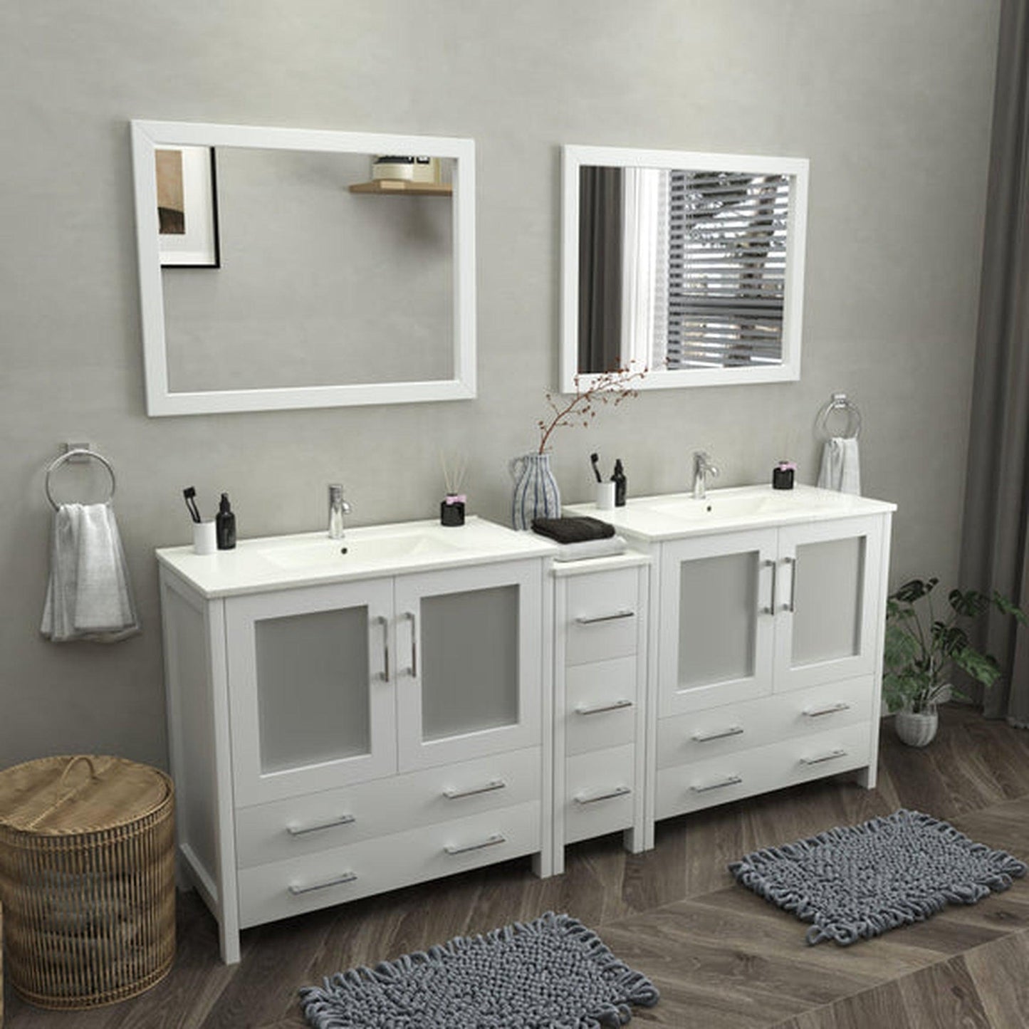 Vanity Art Brescia 84" Double White Freestanding Modern Bathroom Vanity Set With Integrated Ceramic Sink, 1 Side Cabinet and 2 Mirrors