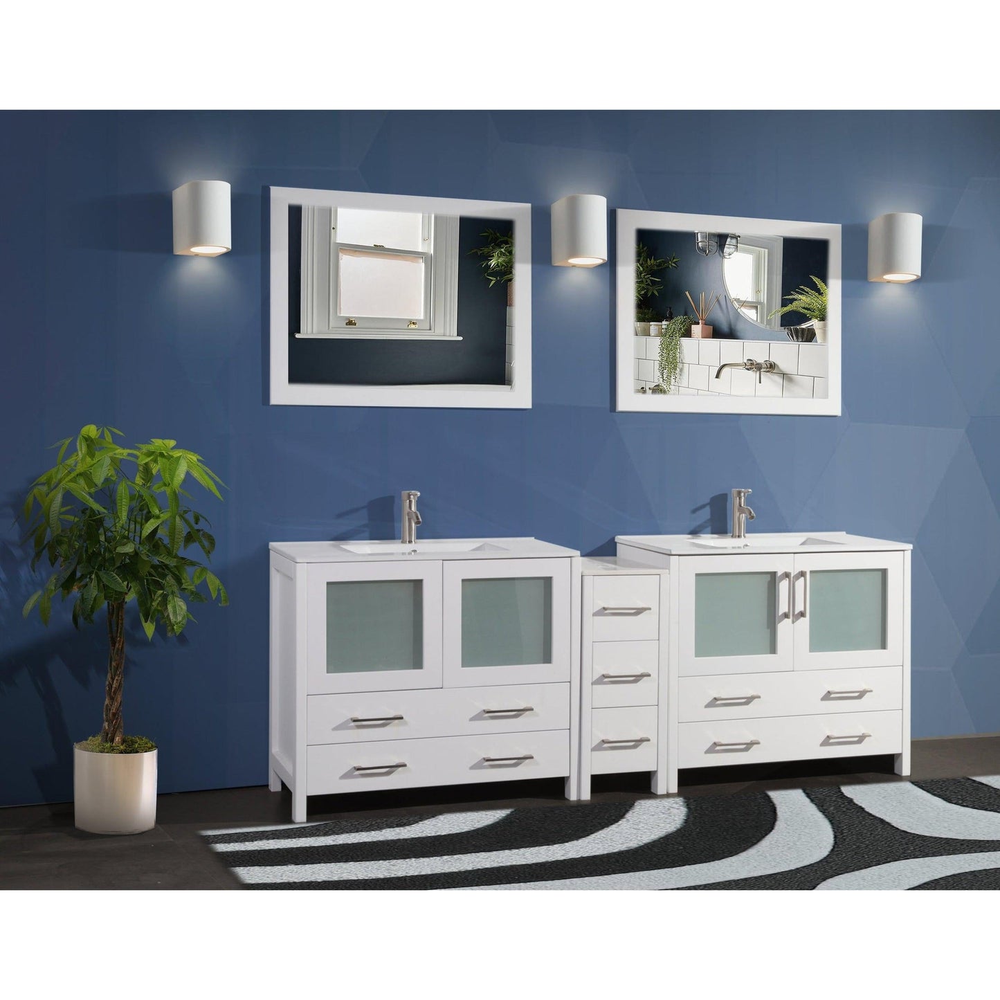 Vanity Art Brescia 84" Double White Freestanding Modern Bathroom Vanity Set With Integrated Ceramic Sink, 1 Side Cabinet and 2 Mirrors