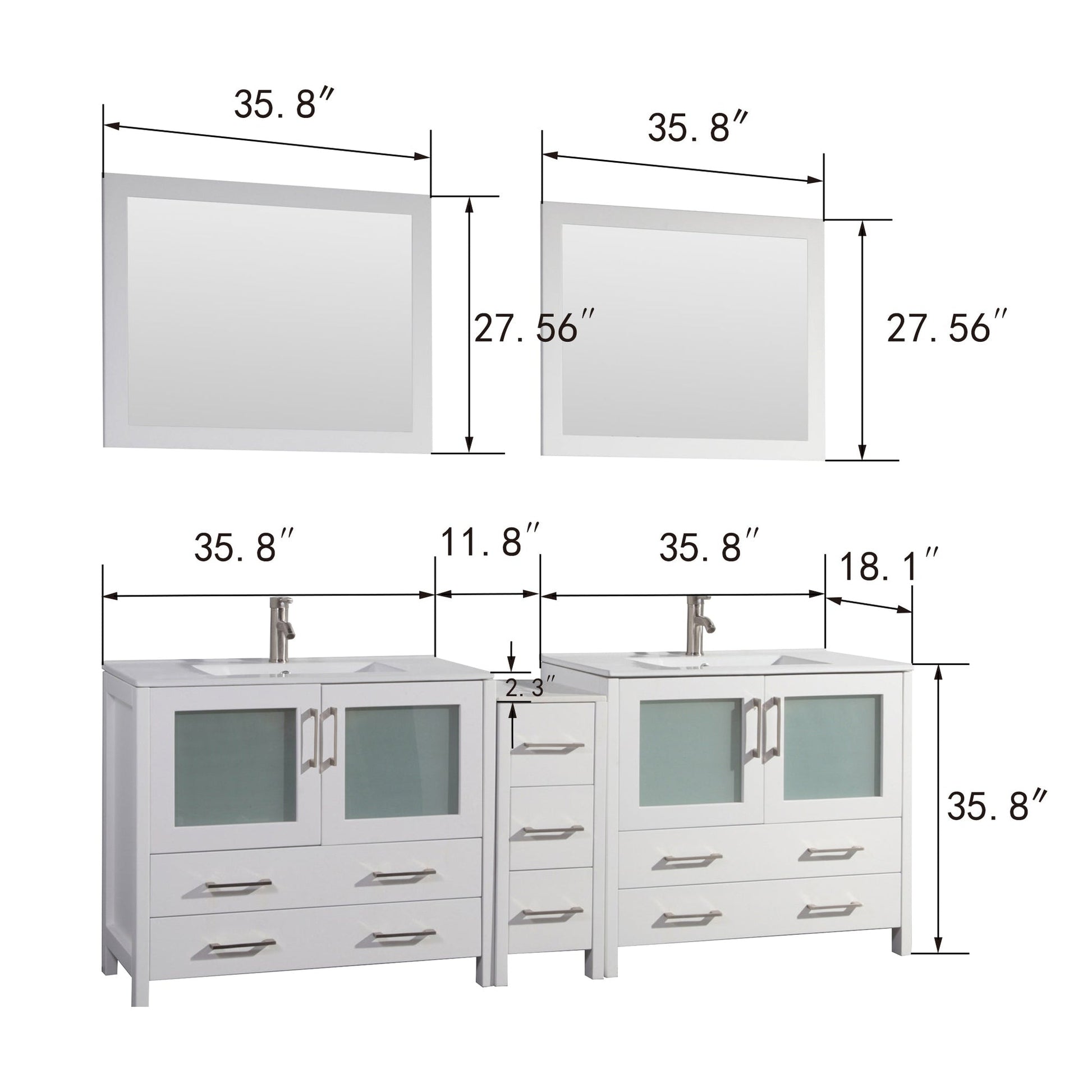 Vanity Art Brescia 84" Double White Freestanding Modern Bathroom Vanity Set With Integrated Ceramic Sink, 1 Side Cabinet and 2 Mirrors