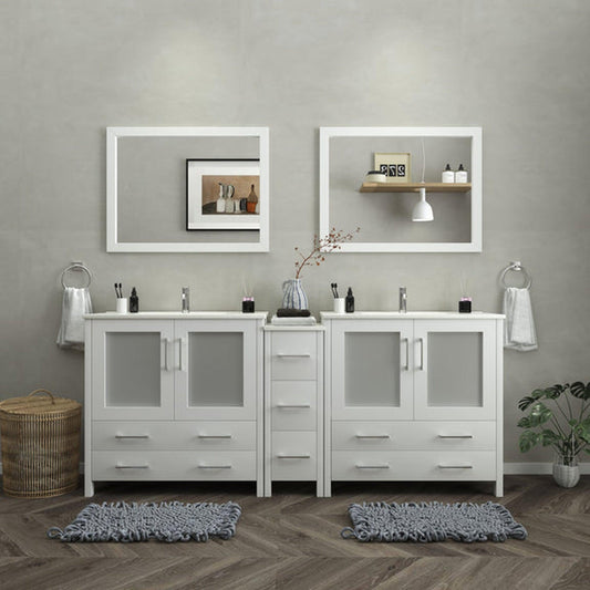Vanity Art Brescia 84" Double White Freestanding Modern Bathroom Vanity Set With Integrated Ceramic Sink, 1 Side Cabinet and 2 Mirrors