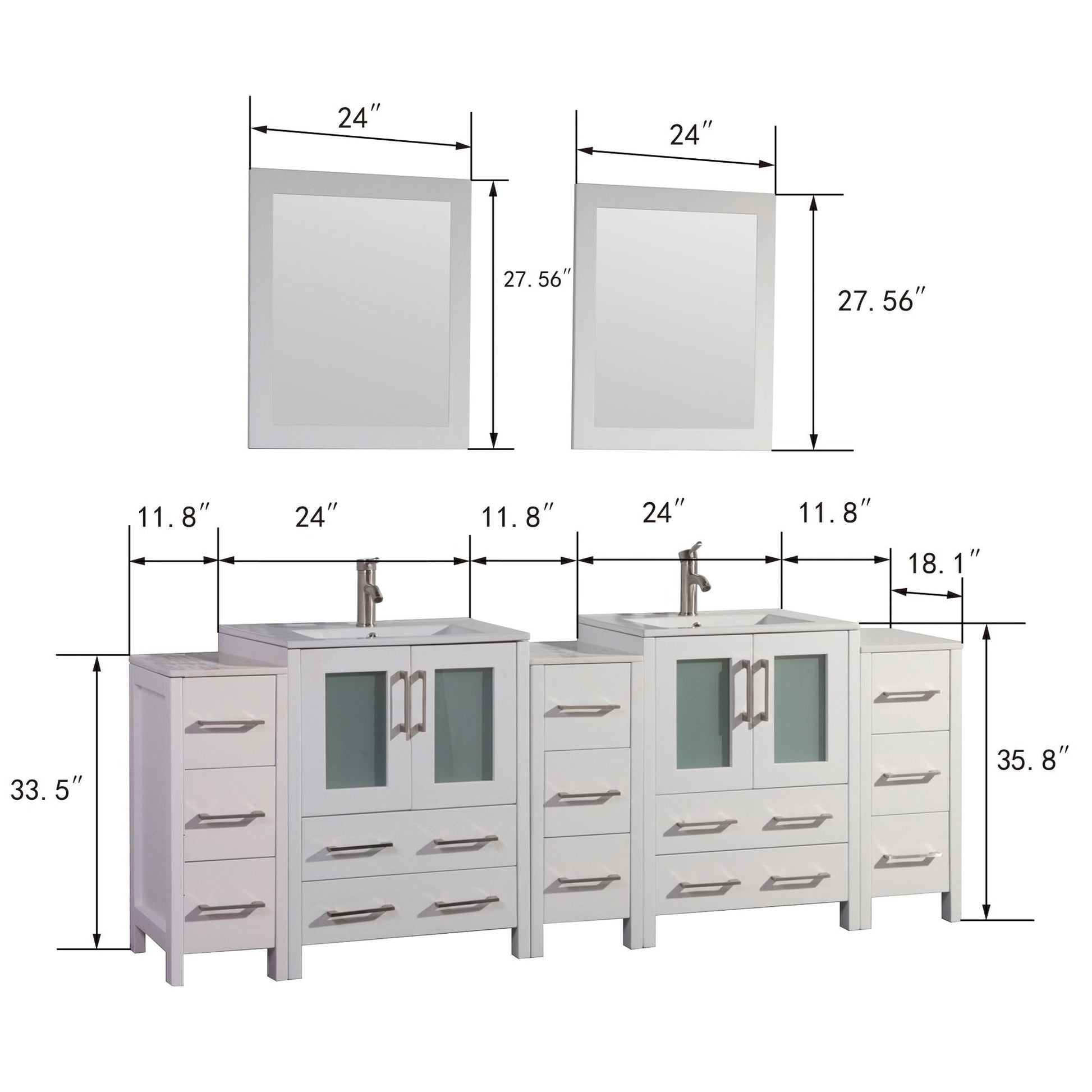 Vanity Art Brescia 84" Double White Freestanding Vanity Set With With Integrated Ceramic Sink, 3 Side Cabinets and 2 Mirrors