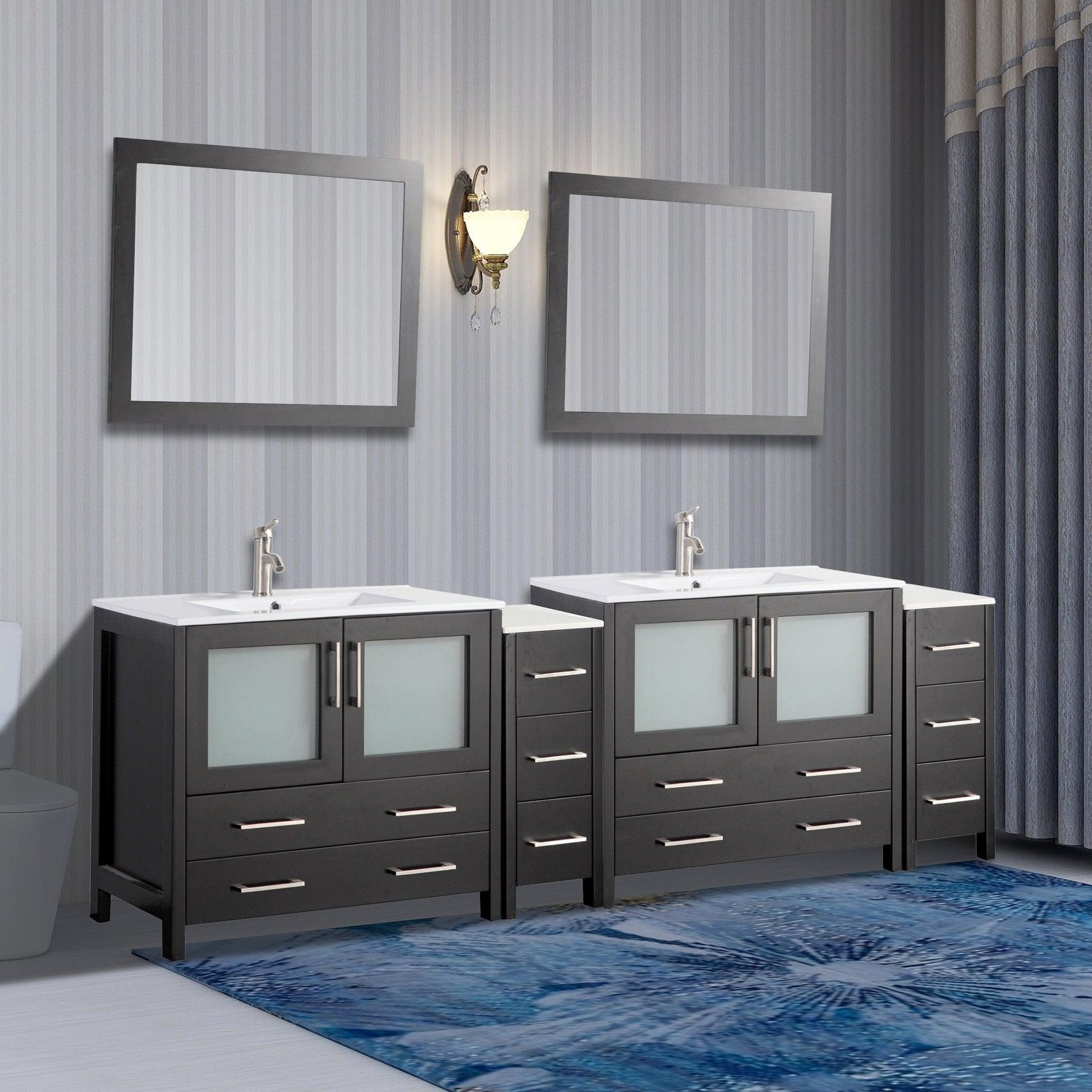 Vanity Art Brescia 96" Double Espresso Freestanding Modern Bathroom Vanity Set With Ceremic Top, 2-Side Cabinets and 2 Mirrors