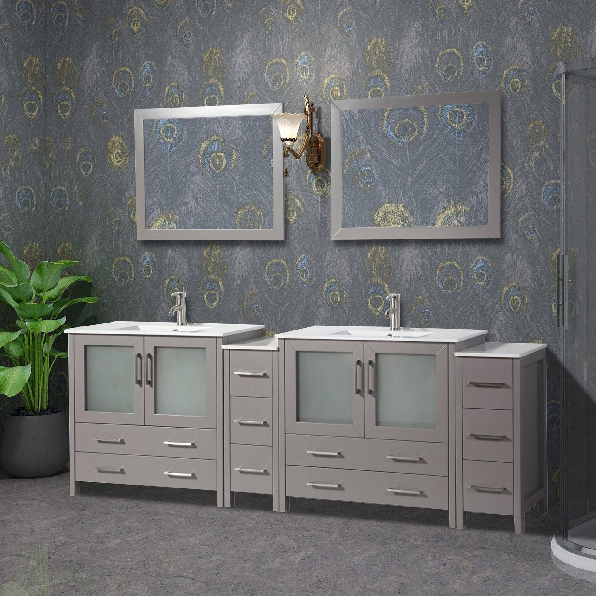Vanity Art Brescia 96" Double Gray Freestanding Modern Bathroom Vanity Set With Ceremic Top, 2-Side Cabinets and 2 Mirrors