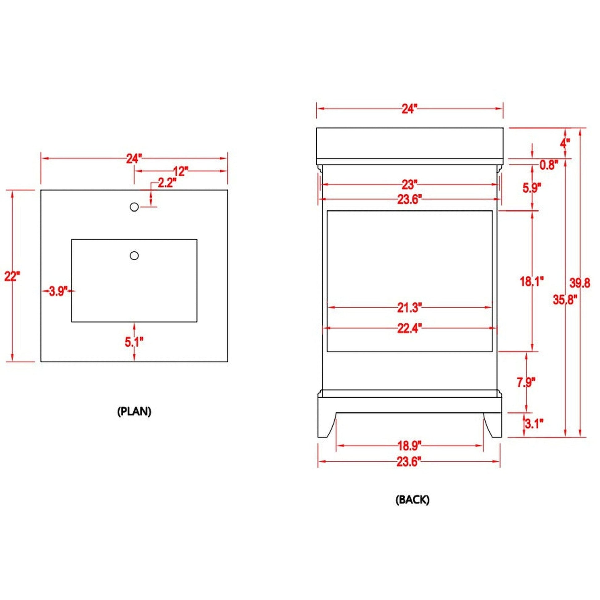 Vanity Art Genoa 24" Single Gray Freestanding Modern Bathroom Vanity Set With Super White Engineered Marble Top, White Ceramic Sink, Backsplash and Mirror