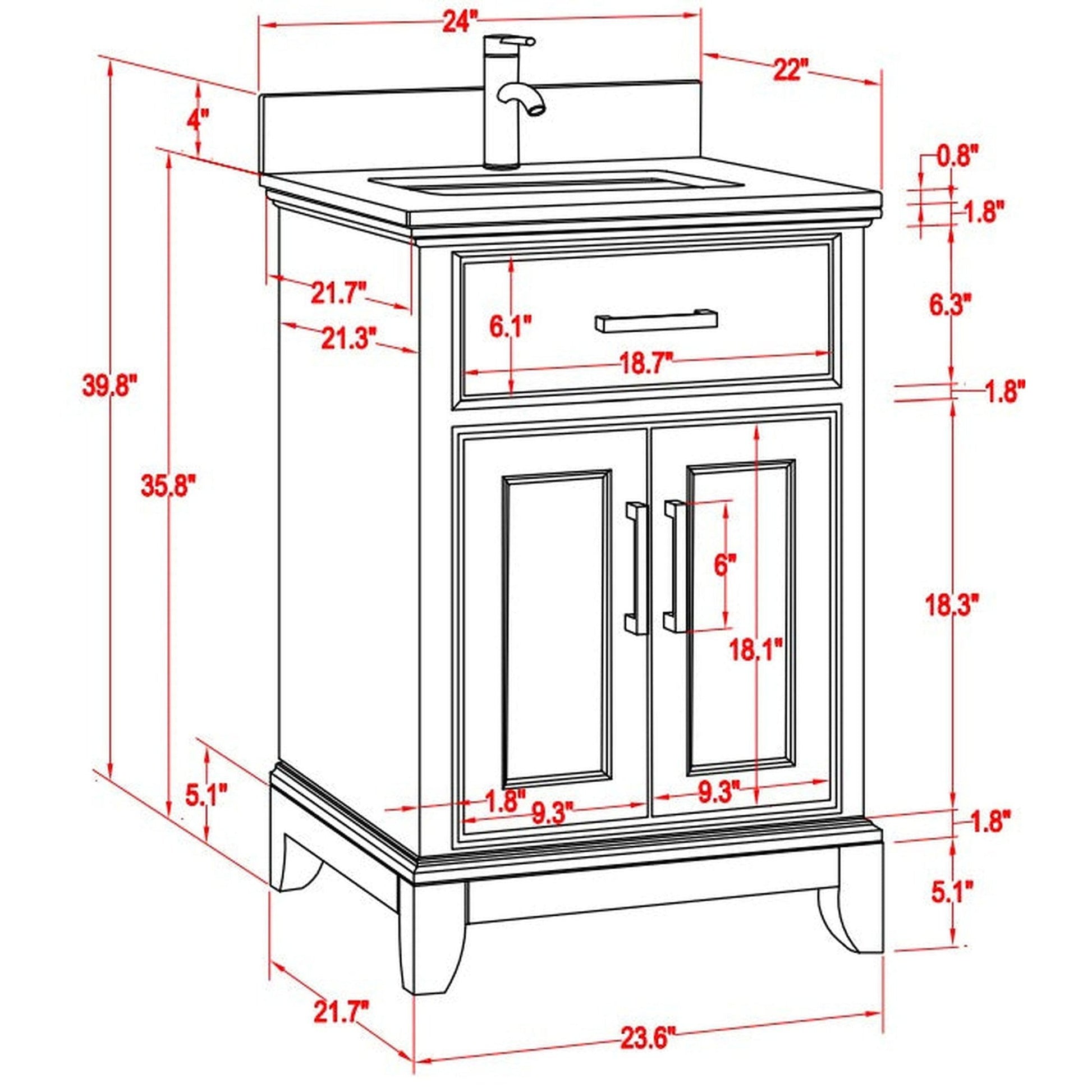 Vanity Art Genoa 24" Single White Freestanding Modern Bathroom Vanity Set With Super White Engineered Marble Top, White Ceramic Sink, Backsplash and Mirror