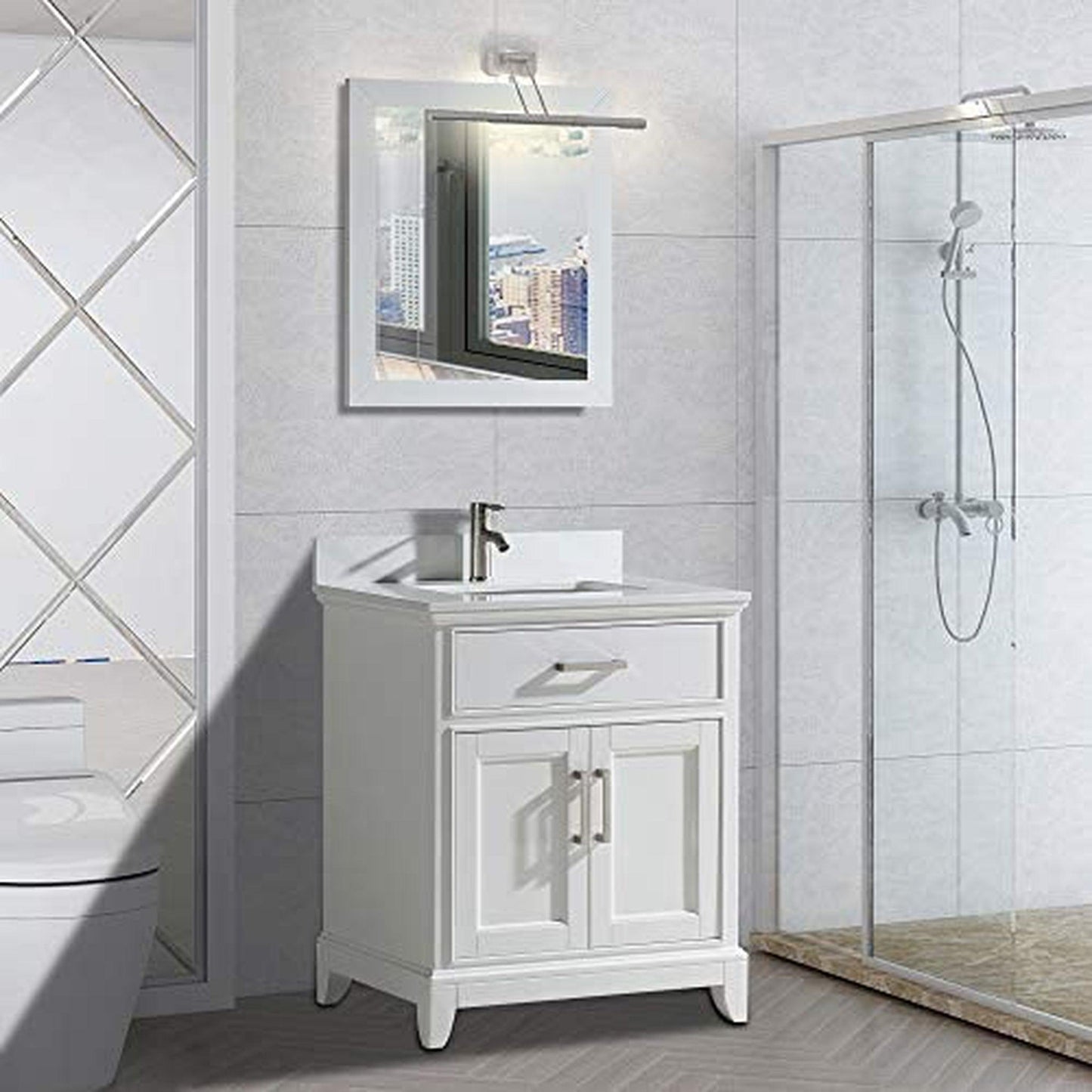 Vanity Art Genoa 24" Single White Freestanding Modern Bathroom Vanity Set With Super White Engineered Marble Top, White Ceramic Sink, Backsplash and Mirror