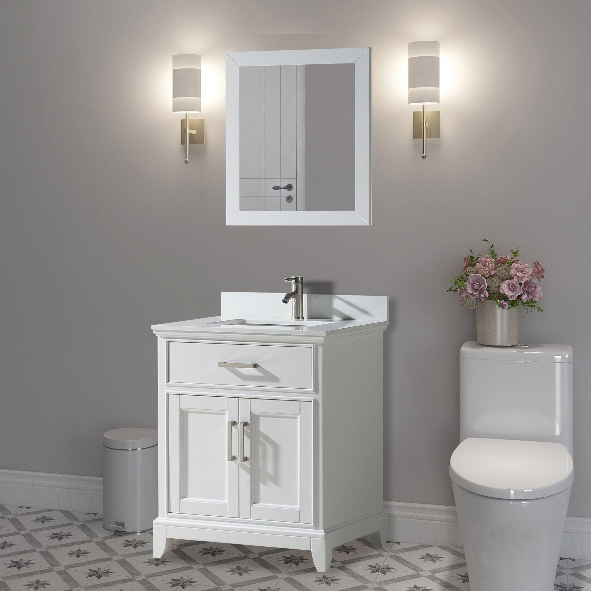 Vanity Art Genoa 24" Single White Freestanding Modern Bathroom Vanity Set With Super White Engineered Marble Top, White Ceramic Sink, Backsplash and Mirror