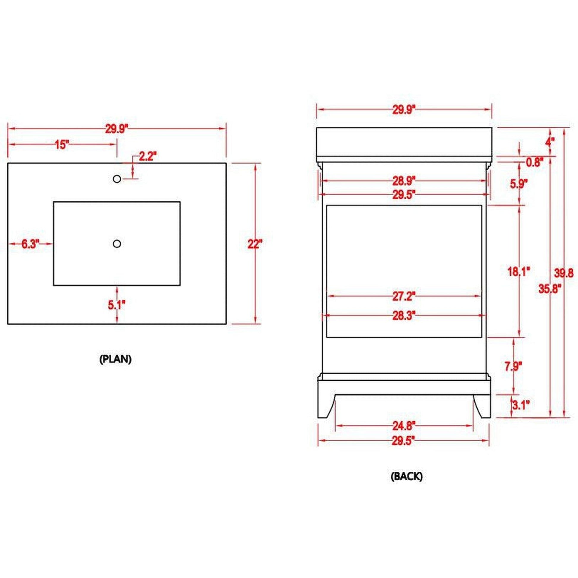 Vanity Art Genoa 30" Gray Single Freestanding Modern Bathroom Vanity Set With Super White Engineered Marble Top, White Ceramic Sink, Backsplash and Mirror