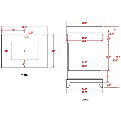 Vanity Art Genoa 30" Gray Single Freestanding Modern Bathroom Vanity Set With Super White Engineered Marble Top, White Ceramic Sink, Backsplash and Mirror