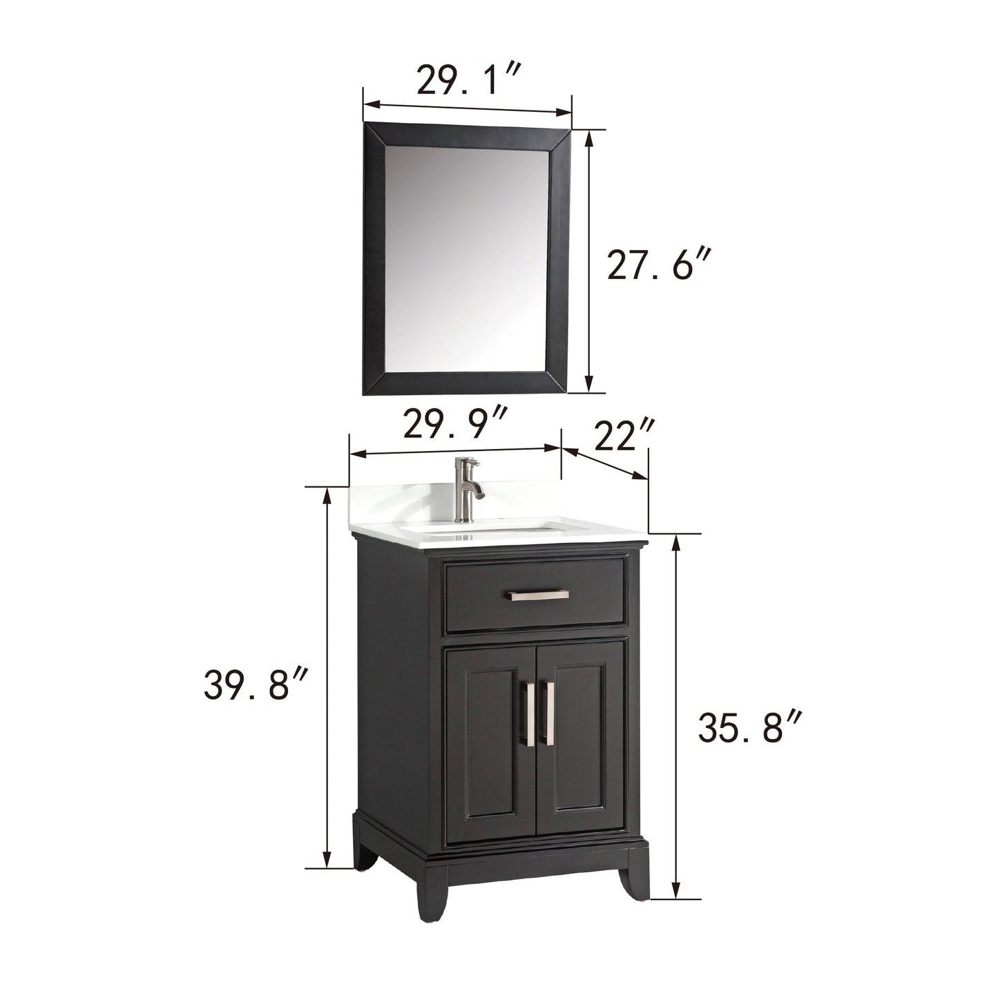 Vanity Art Genoa 30" Gray Single Freestanding Modern Bathroom Vanity Set With Super White Engineered Marble Top, White Ceramic Sink, Backsplash and Mirror