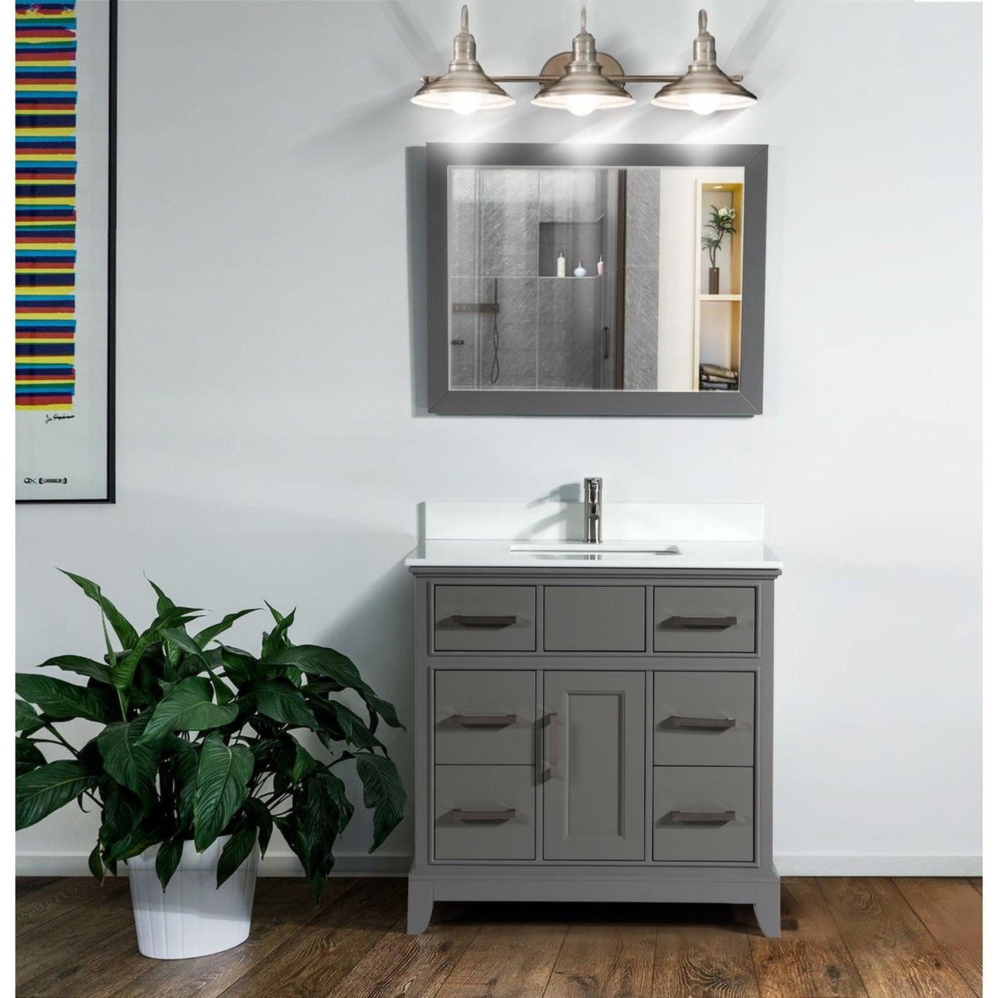 Vanity Art Genoa 36" Gray Freestanding Single Modern Bathroom Vanity Set in Super White Engineered Marble Top With Undermount Ceramic Sink, 6 Drawers Cabinet, Backsplash and Mirror