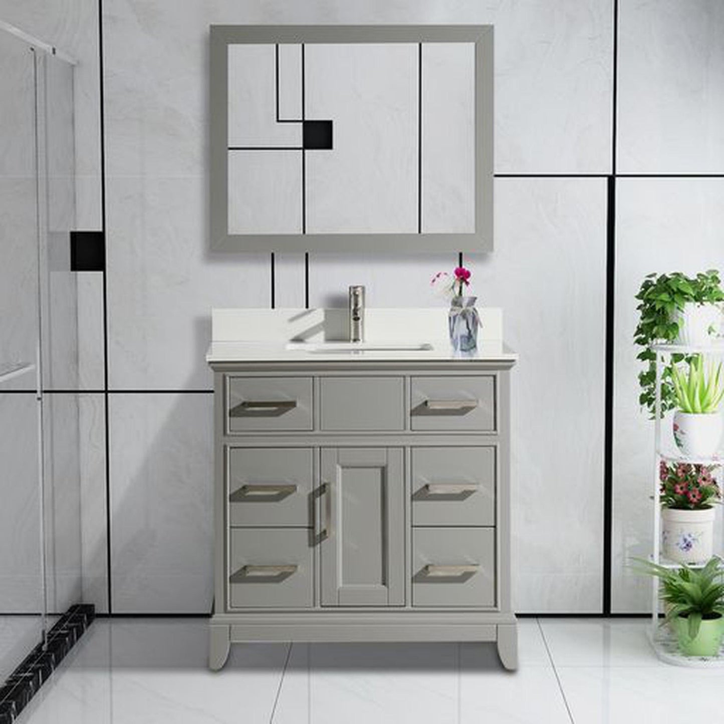 Vanity Art Genoa 36" Gray Freestanding Single Modern Bathroom Vanity Set in Super White Engineered Marble Top With Undermount Ceramic Sink, 6 Drawers Cabinet, Backsplash and Mirror