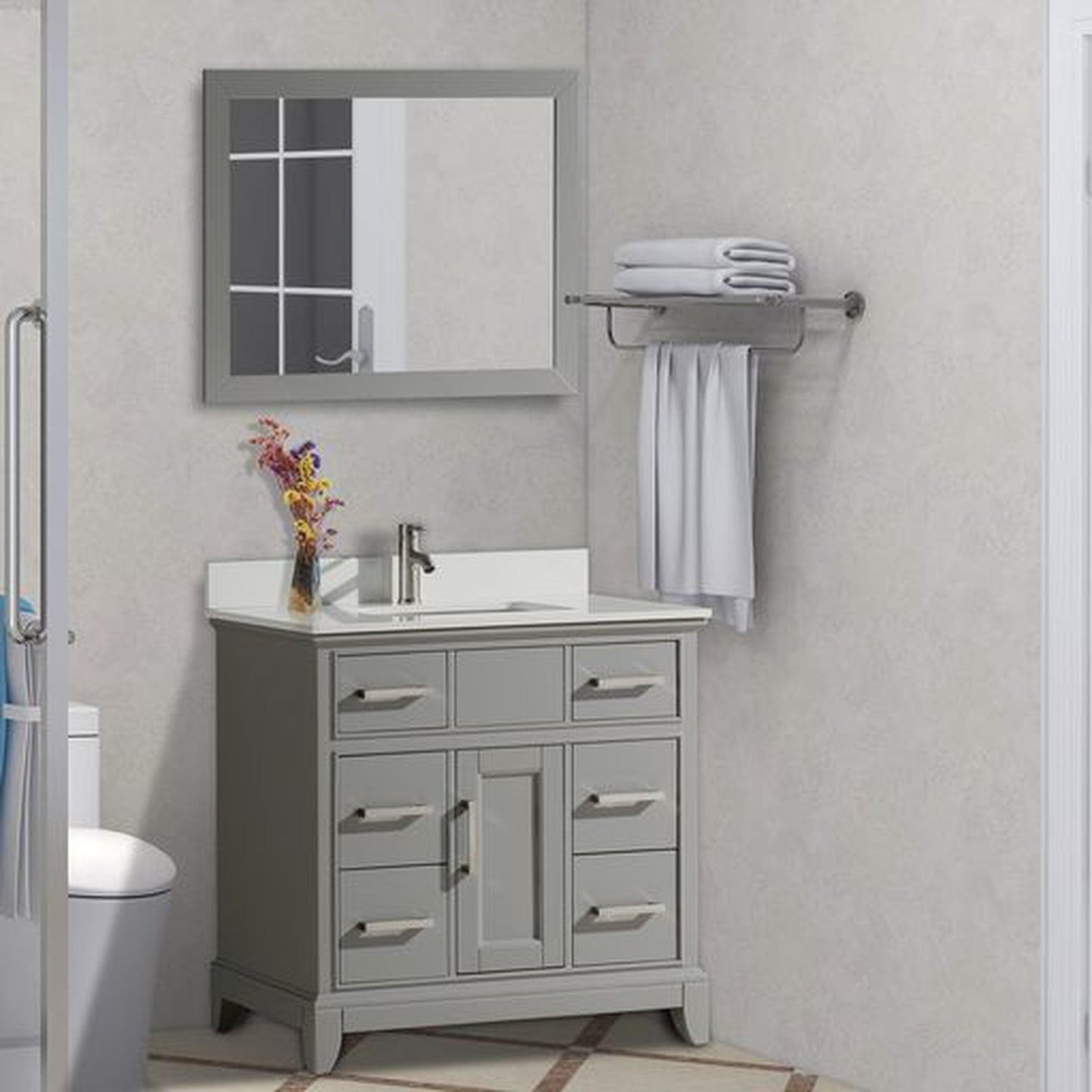 Vanity Art Genoa 36" Gray Freestanding Single Modern Bathroom Vanity Set in Super White Engineered Marble Top With Undermount Ceramic Sink, 6 Drawers Cabinet, Backsplash and Mirror