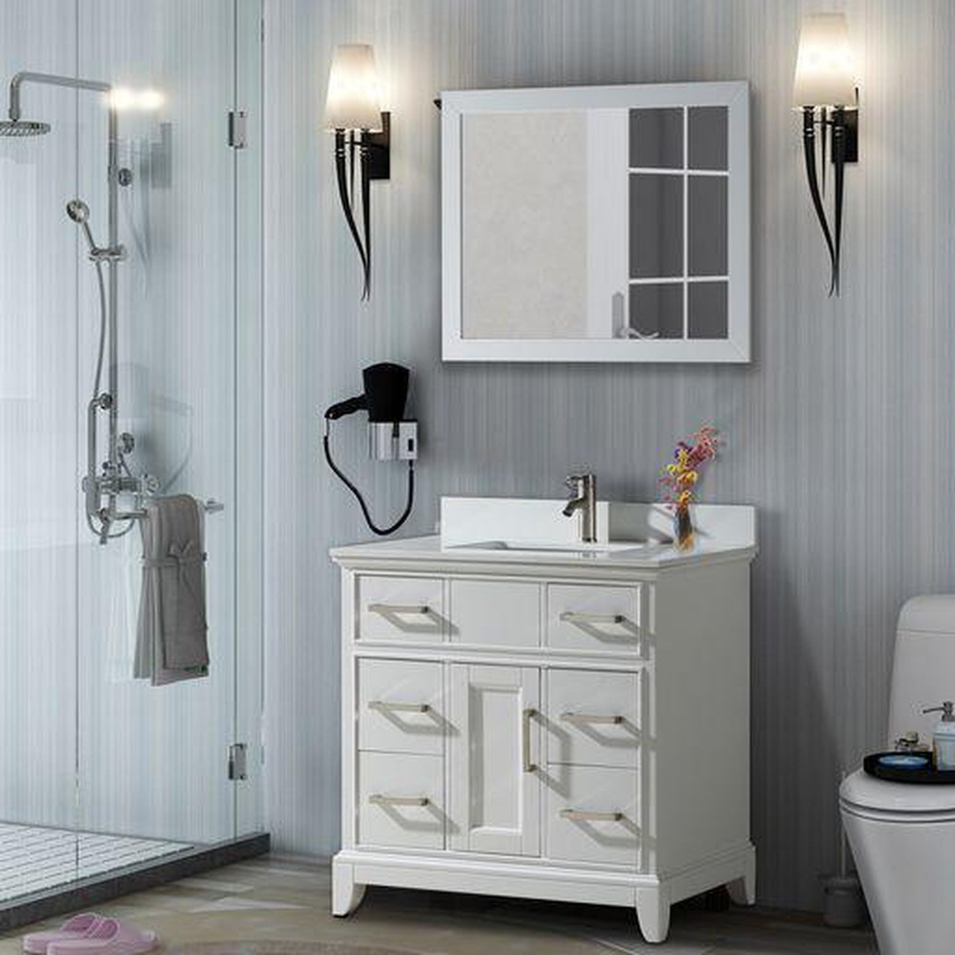 Vanity Art Genoa 36" Single White Freestanding Modern Bathroom Vanity Set With Super White Engineered Marble Top, White Ceramic Sink, Backsplash and Mirror