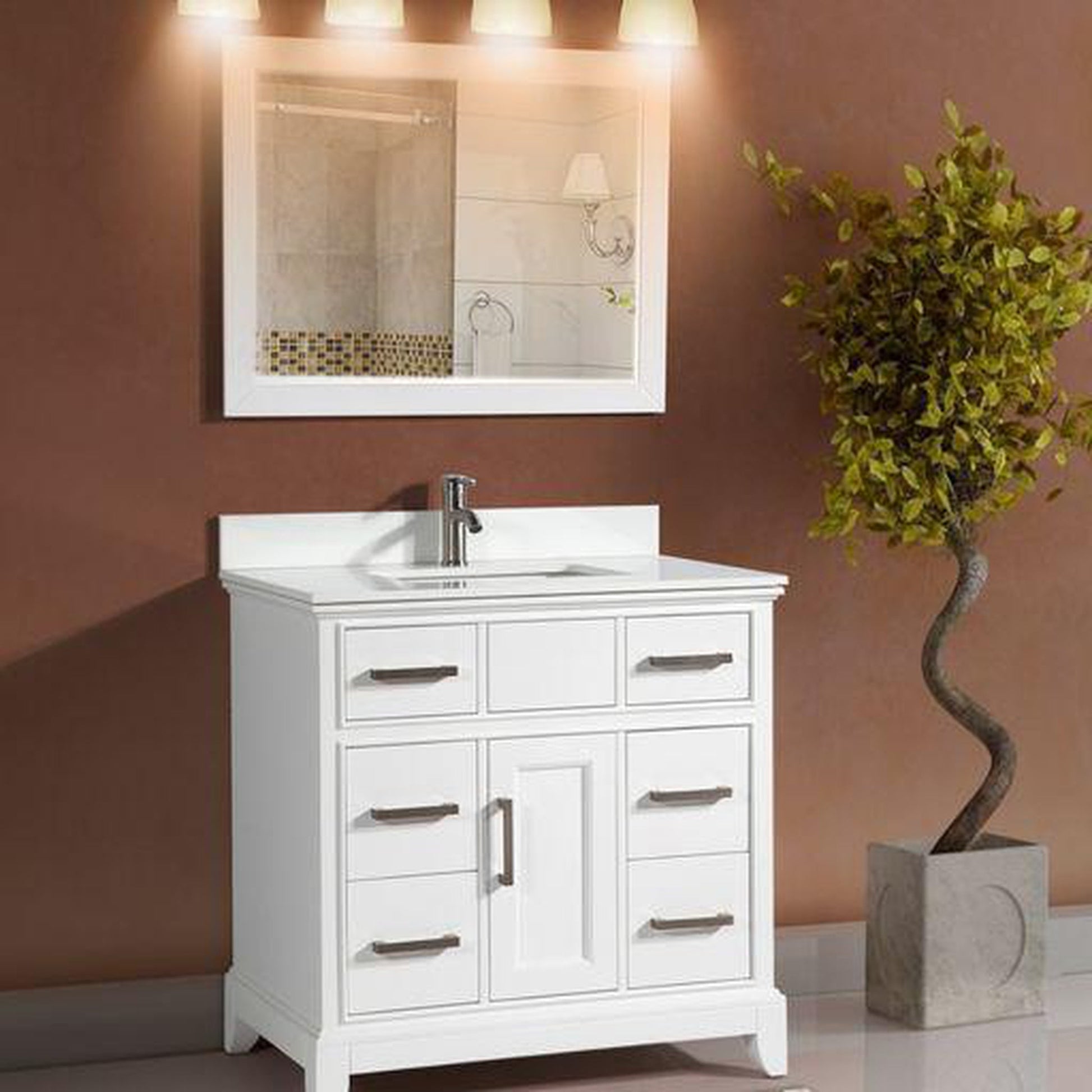 Vanity Art Genoa 36" Single White Freestanding Modern Bathroom Vanity Set With Super White Engineered Marble Top, White Ceramic Sink, Backsplash and Mirror