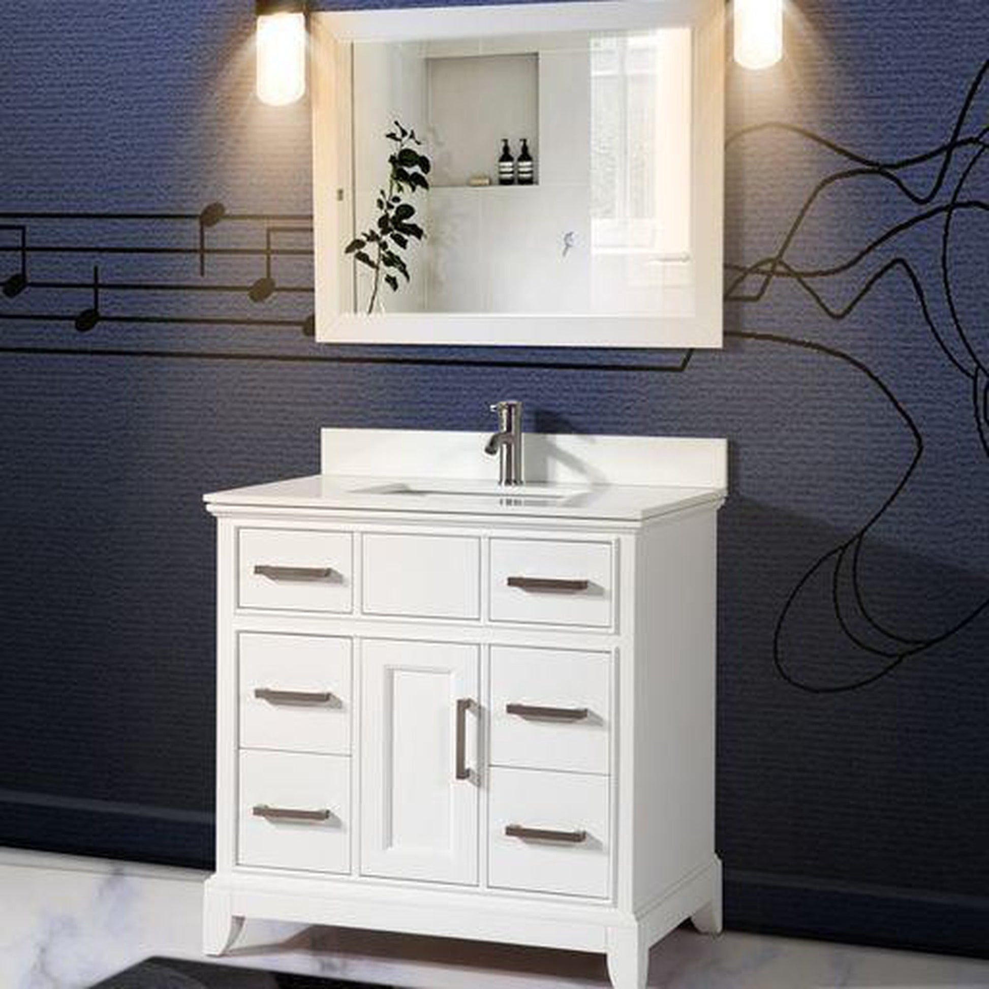 Vanity Art Genoa 36" Single White Freestanding Modern Bathroom Vanity Set With Super White Engineered Marble Top, White Ceramic Sink, Backsplash and Mirror