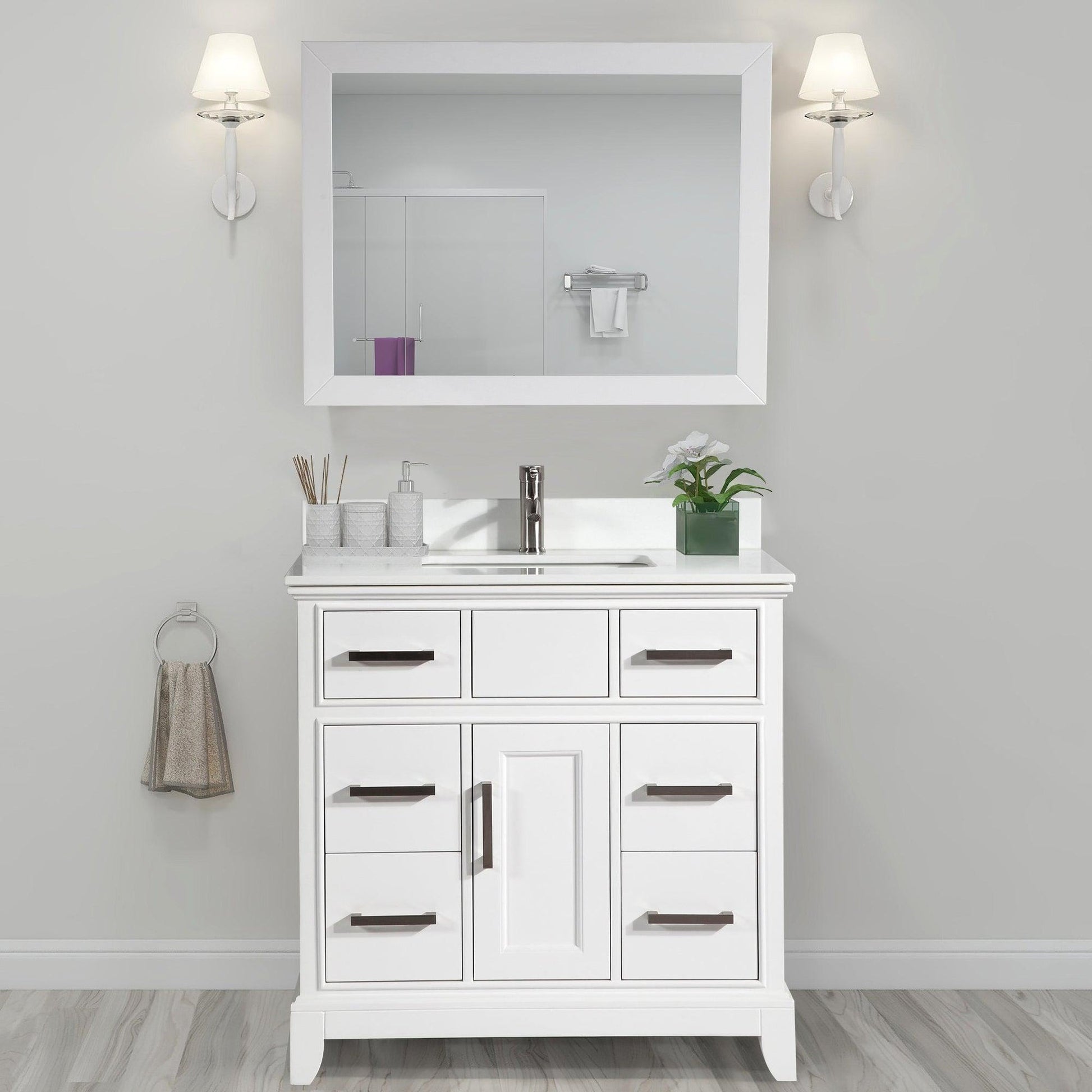 Vanity Art Genoa 36" Single White Freestanding Modern Bathroom Vanity Set With Super White Engineered Marble Top, White Ceramic Sink, Backsplash and Mirror