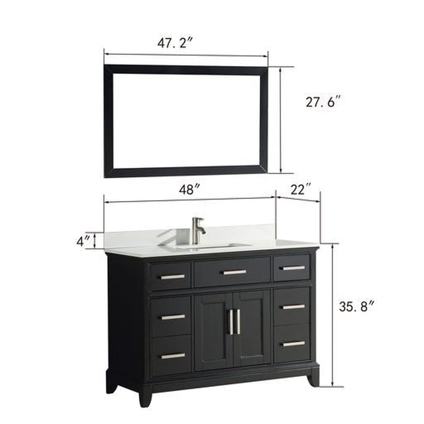 Vanity Art Genoa 48" Single Espresso Freestanding Modern Bathroom Vanity Set With Super White Engineered Marble Top, White Ceramic Sink, Backsplash and Mirror