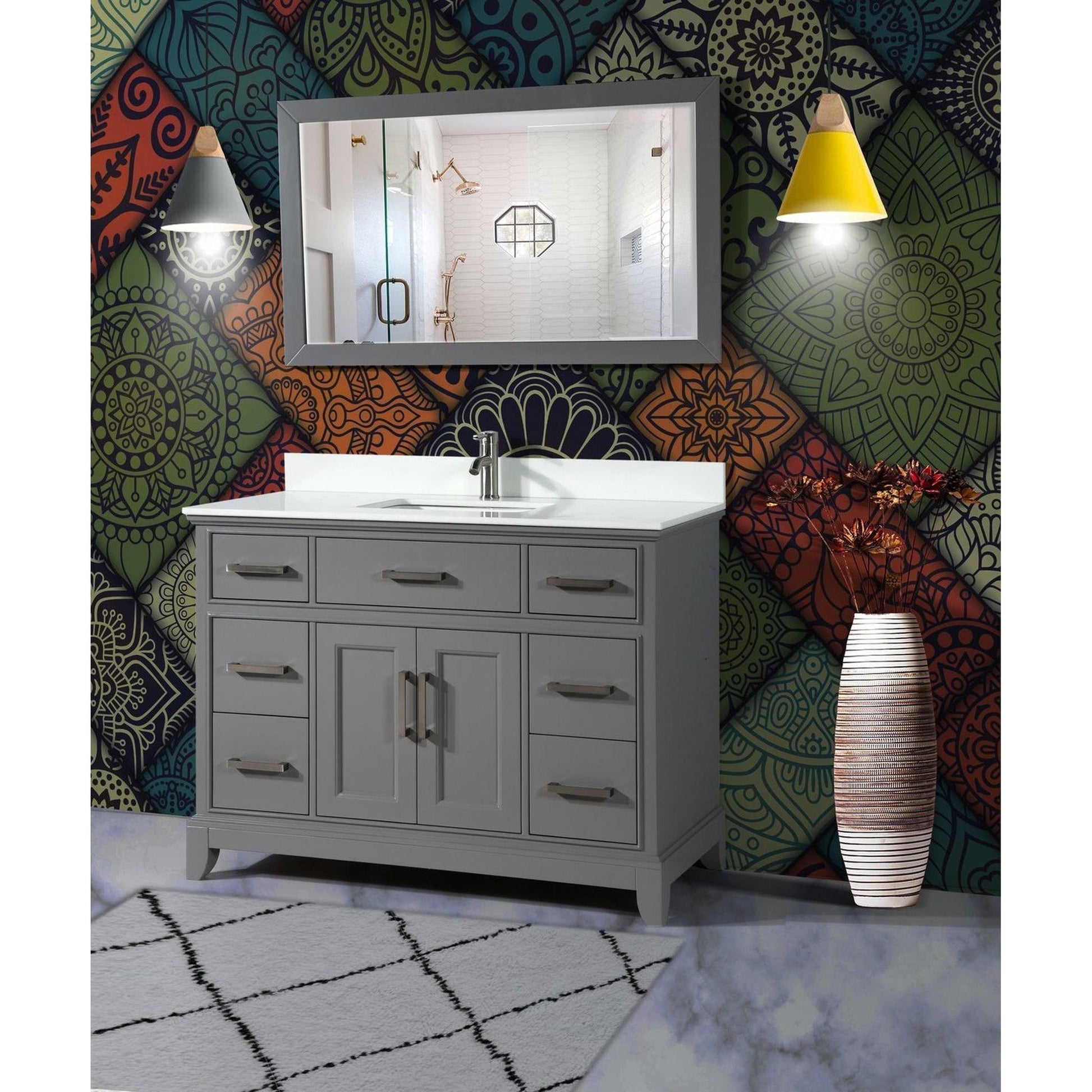 Vanity Art Genoa 48" Single Gray Freestanding Modern Bathroom Vanity Set With Super White Engineered Marble Top, White Ceramic Sink, Backsplash and Mirror