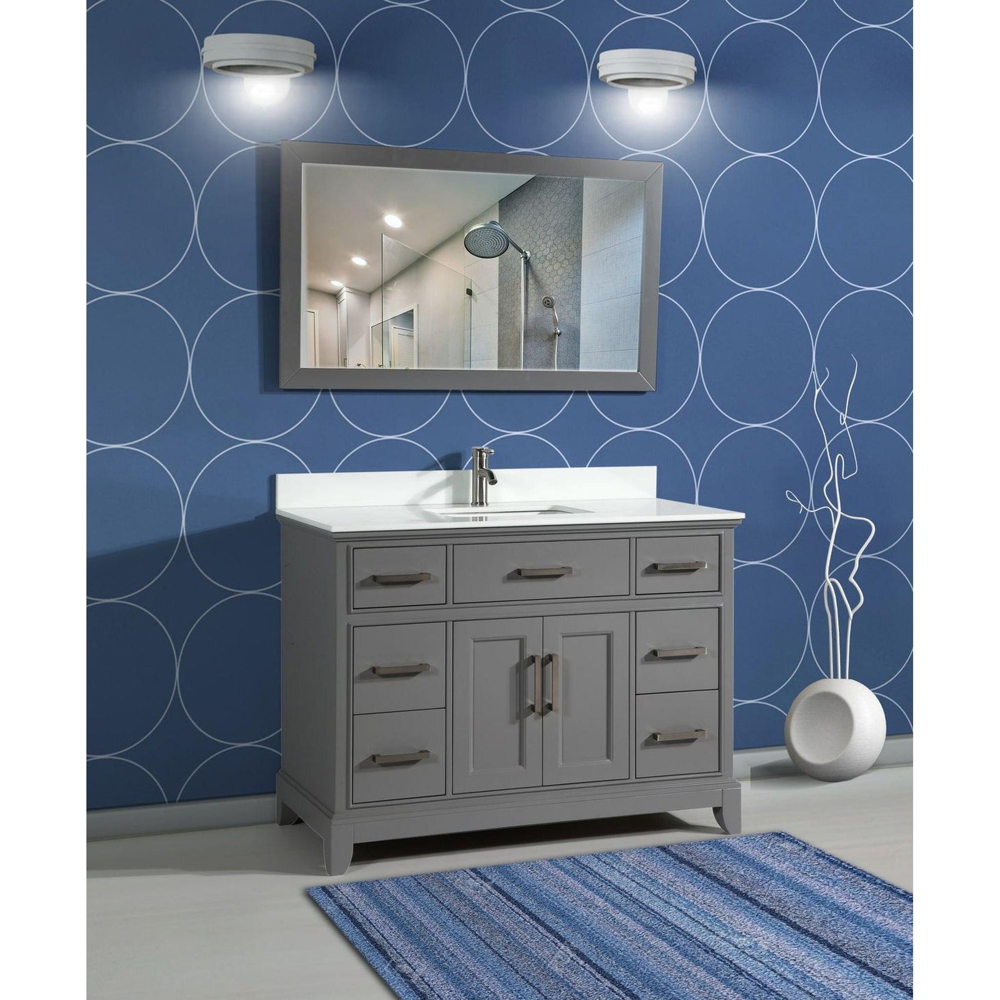 Vanity Art Genoa 48" Single Gray Freestanding Modern Bathroom Vanity Set With Super White Engineered Marble Top, White Ceramic Sink, Backsplash and Mirror