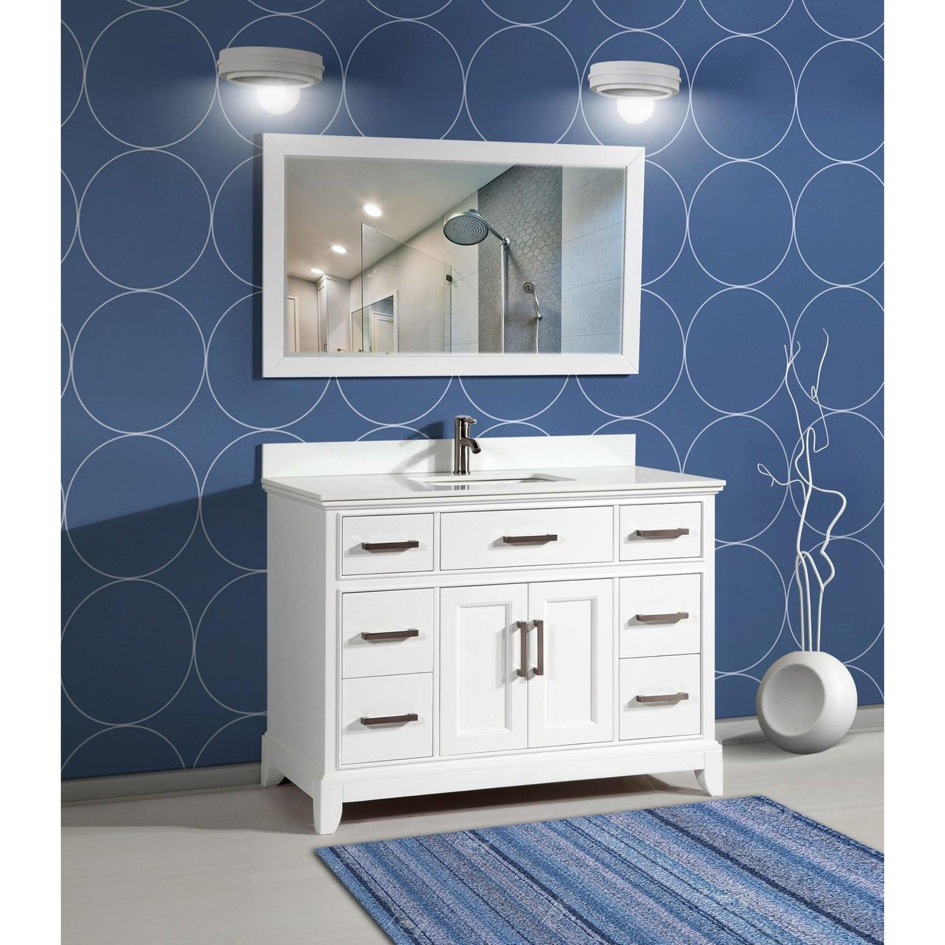 Vanity Art Genoa 48" Single White Freestanding Modern Bathroom Vanity Set With Super White Engineered Marble Top, White Ceramic Sink, Backsplash and Mirror