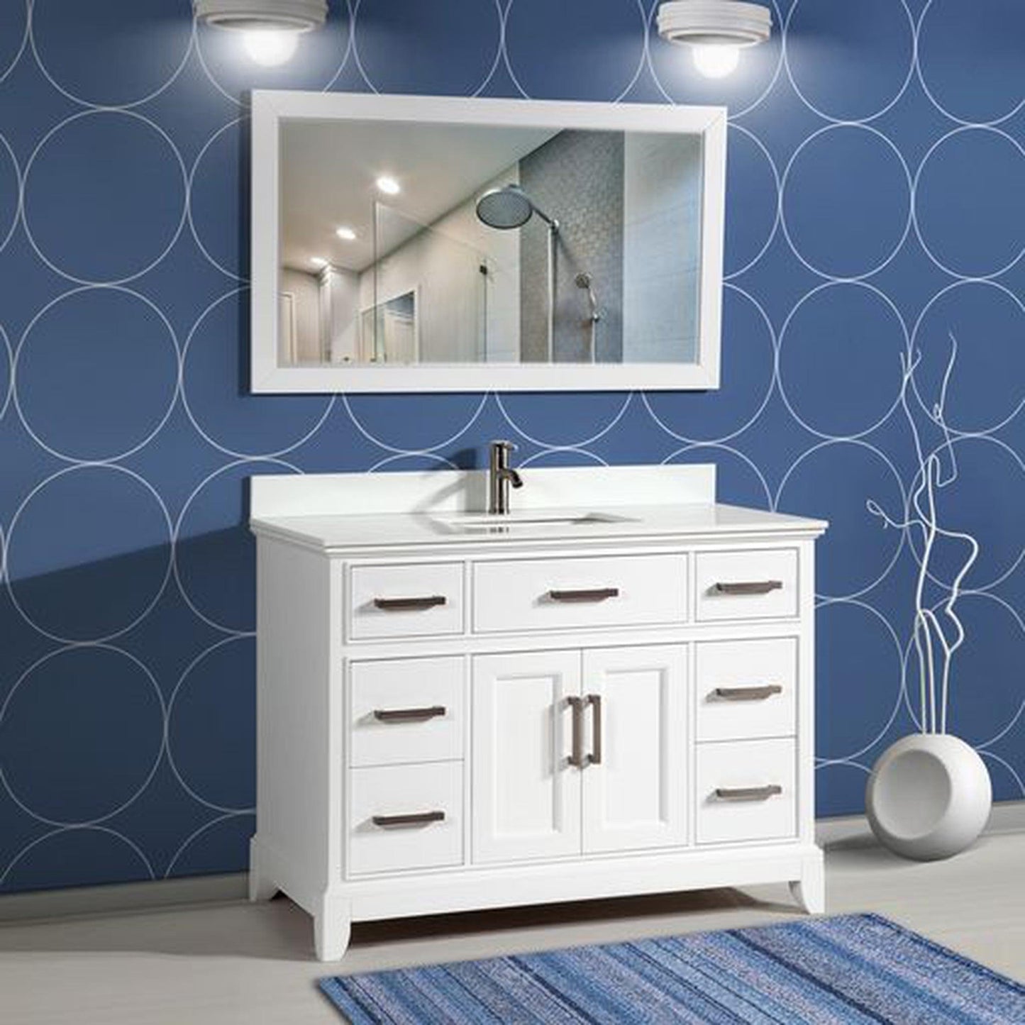 Vanity Art Genoa 48" Single White Freestanding Modern Bathroom Vanity Set With Super White Engineered Marble Top, White Ceramic Sink, Backsplash and Mirror