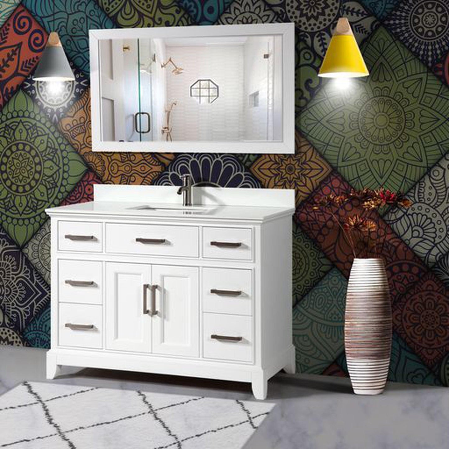 Vanity Art Genoa 48" Single White Freestanding Modern Bathroom Vanity Set With Super White Engineered Marble Top, White Ceramic Sink, Backsplash and Mirror