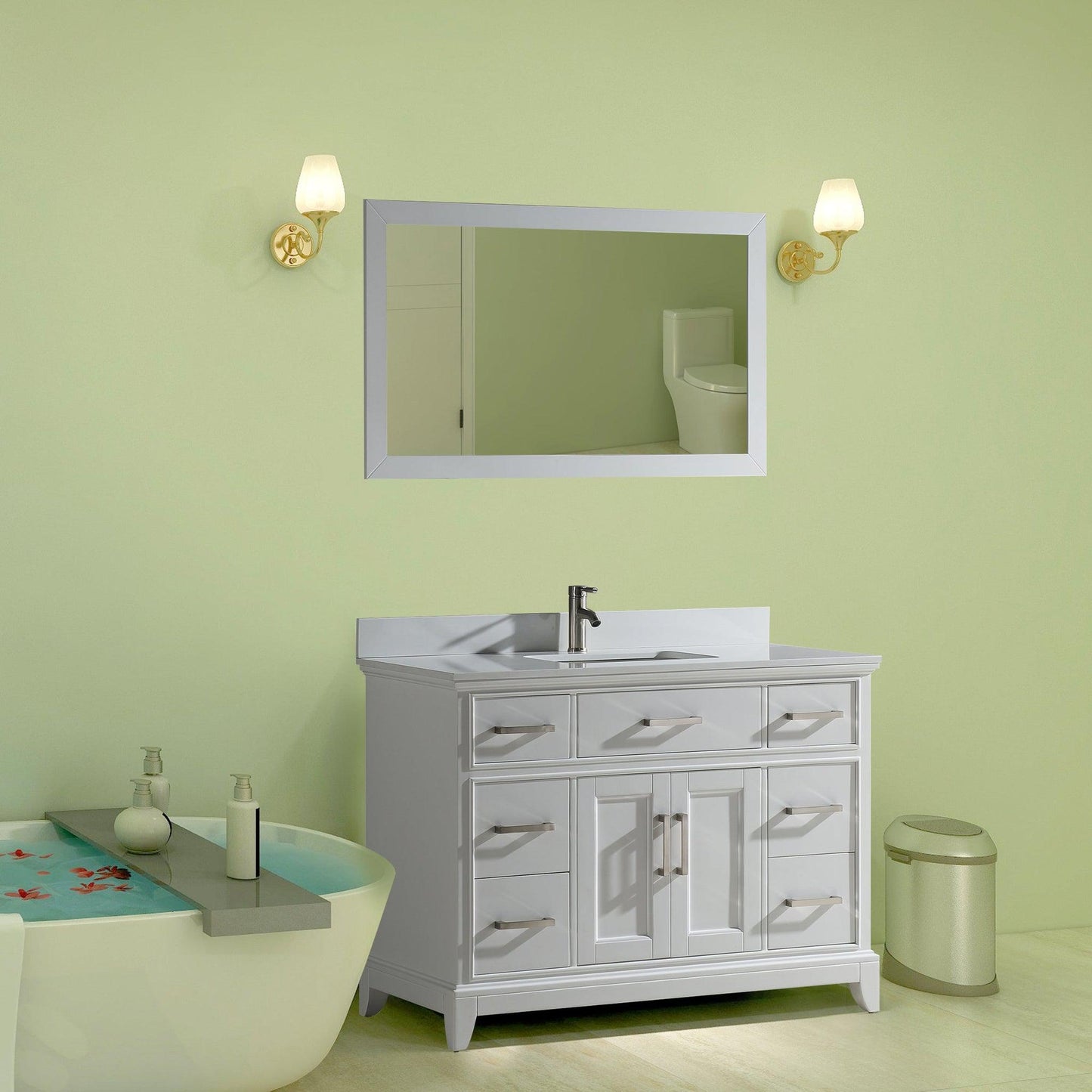 Vanity Art Genoa 48" Single White Freestanding Modern Bathroom Vanity Set With Super White Engineered Marble Top, White Ceramic Sink, Backsplash and Mirror