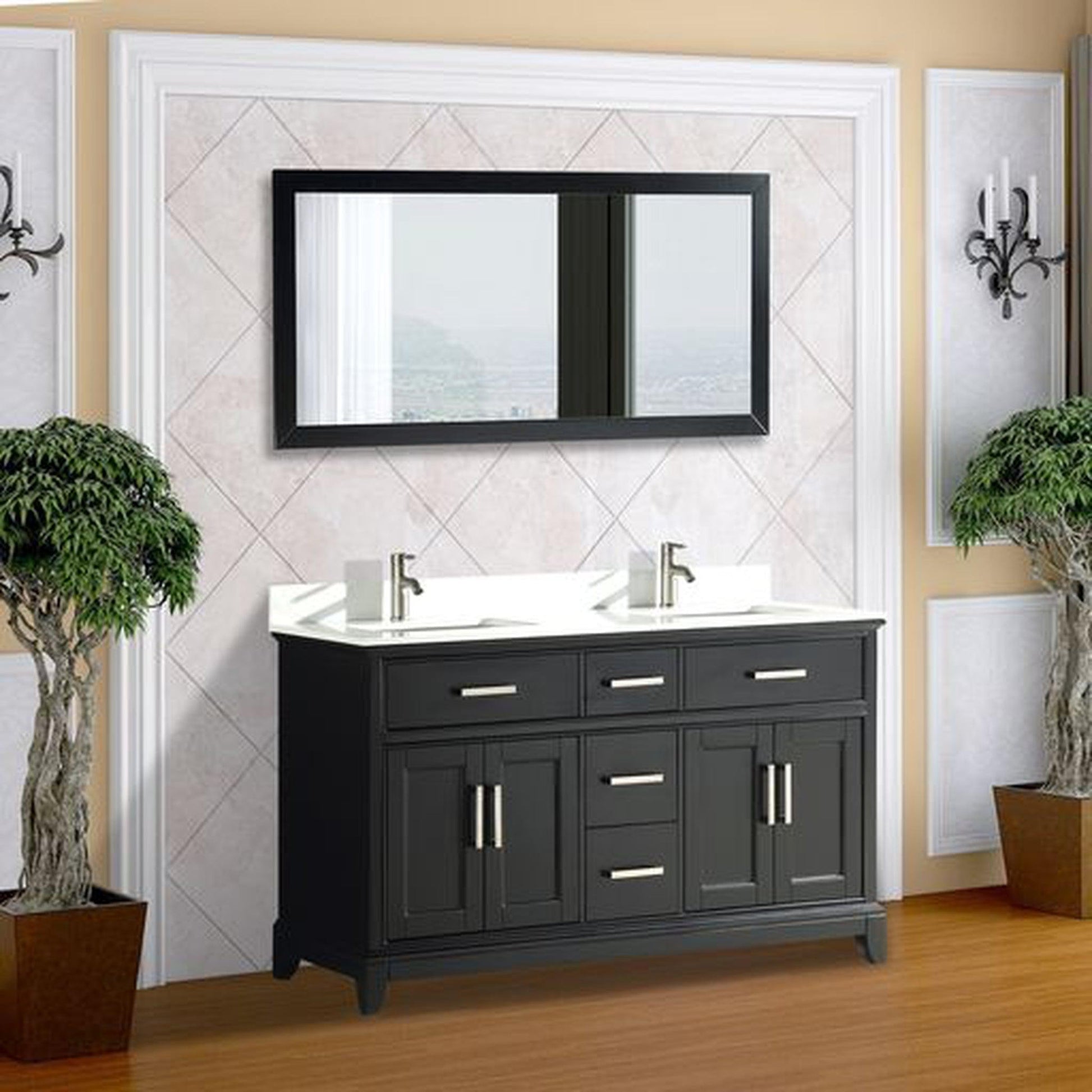 Vanity Art Genoa 60" Double Espresso Freestanding Modern Bathroom Vanity Set With Super White Engineered Marble Top, White Ceramic Sink, Backsplash and Mirror