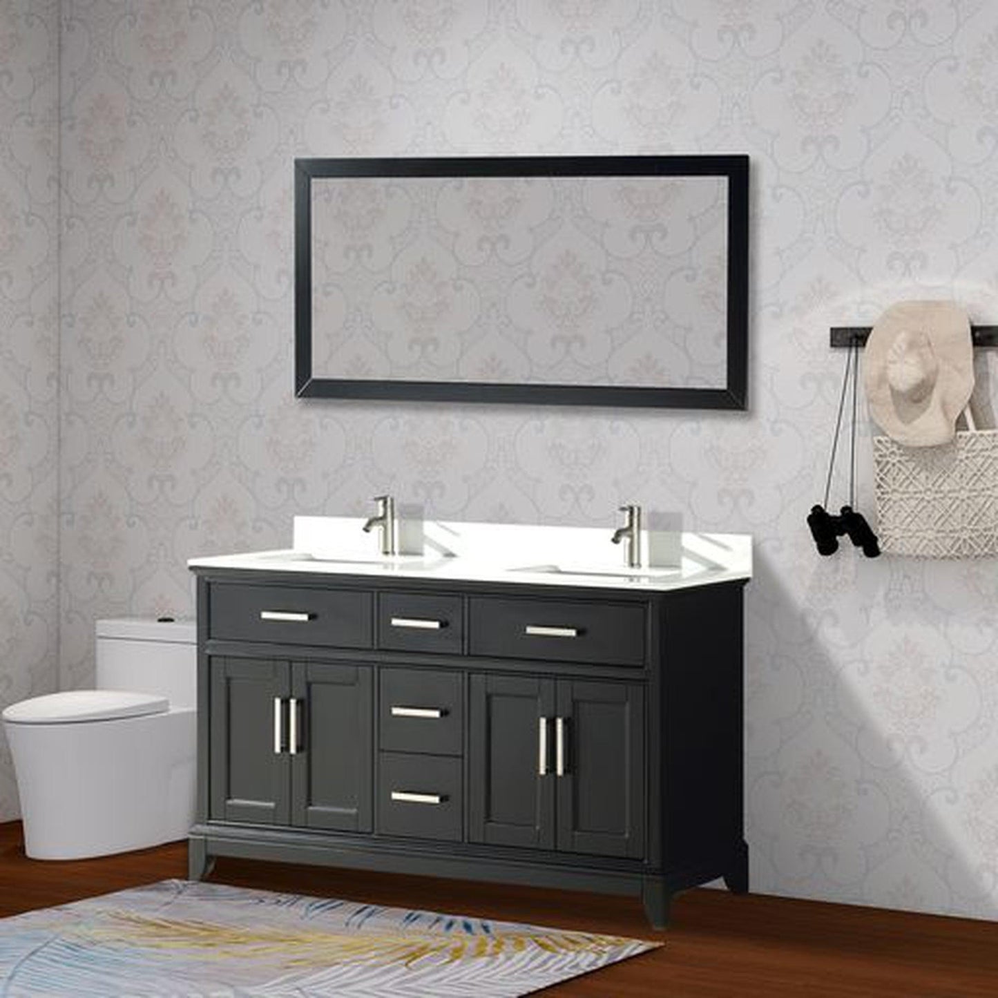 Vanity Art Genoa 60" Double Espresso Freestanding Modern Bathroom Vanity Set With Super White Engineered Marble Top, White Ceramic Sink, Backsplash and Mirror