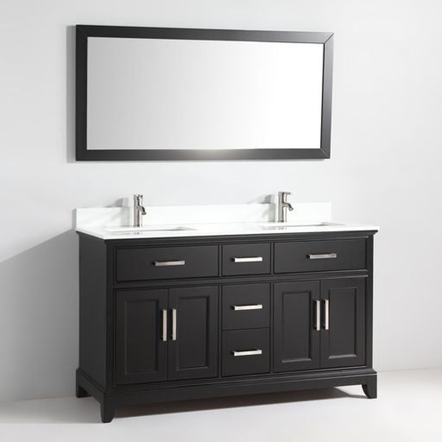 Vanity Art Genoa 60" Double Espresso Freestanding Modern Bathroom Vanity Set With Super White Engineered Marble Top, White Ceramic Sink, Backsplash and Mirror