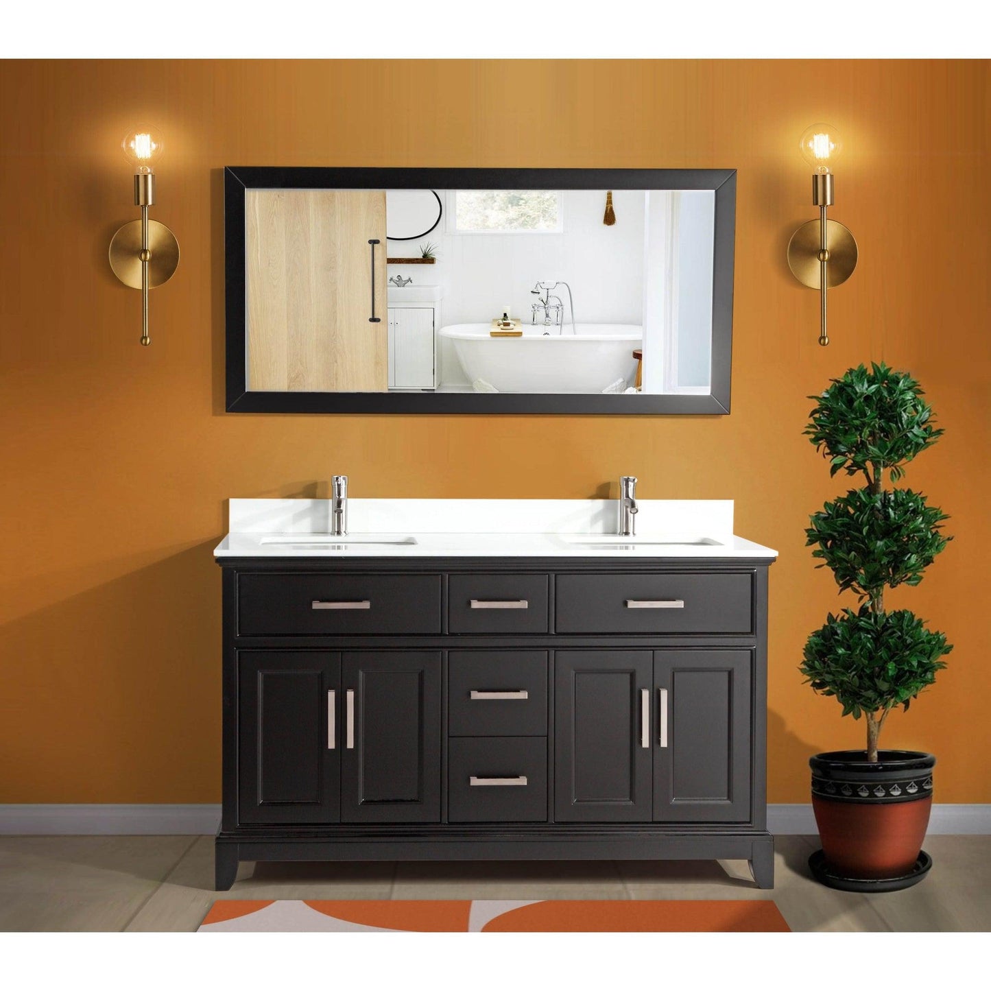 Vanity Art Genoa 60" Double Espresso Freestanding Modern Bathroom Vanity Set With Super White Engineered Marble Top, White Ceramic Sink, Backsplash and Mirror