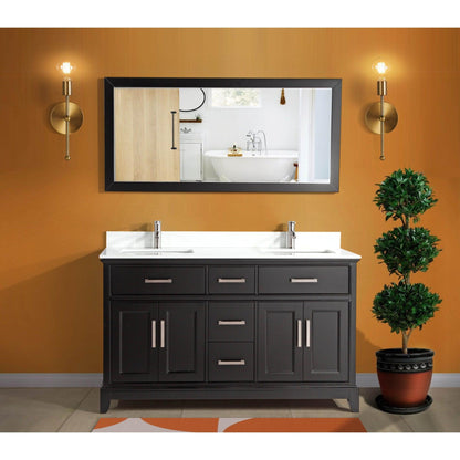 Vanity Art Genoa 60" Double Espresso Freestanding Modern Bathroom Vanity Set With Super White Engineered Marble Top, White Ceramic Sink, Backsplash and Mirror