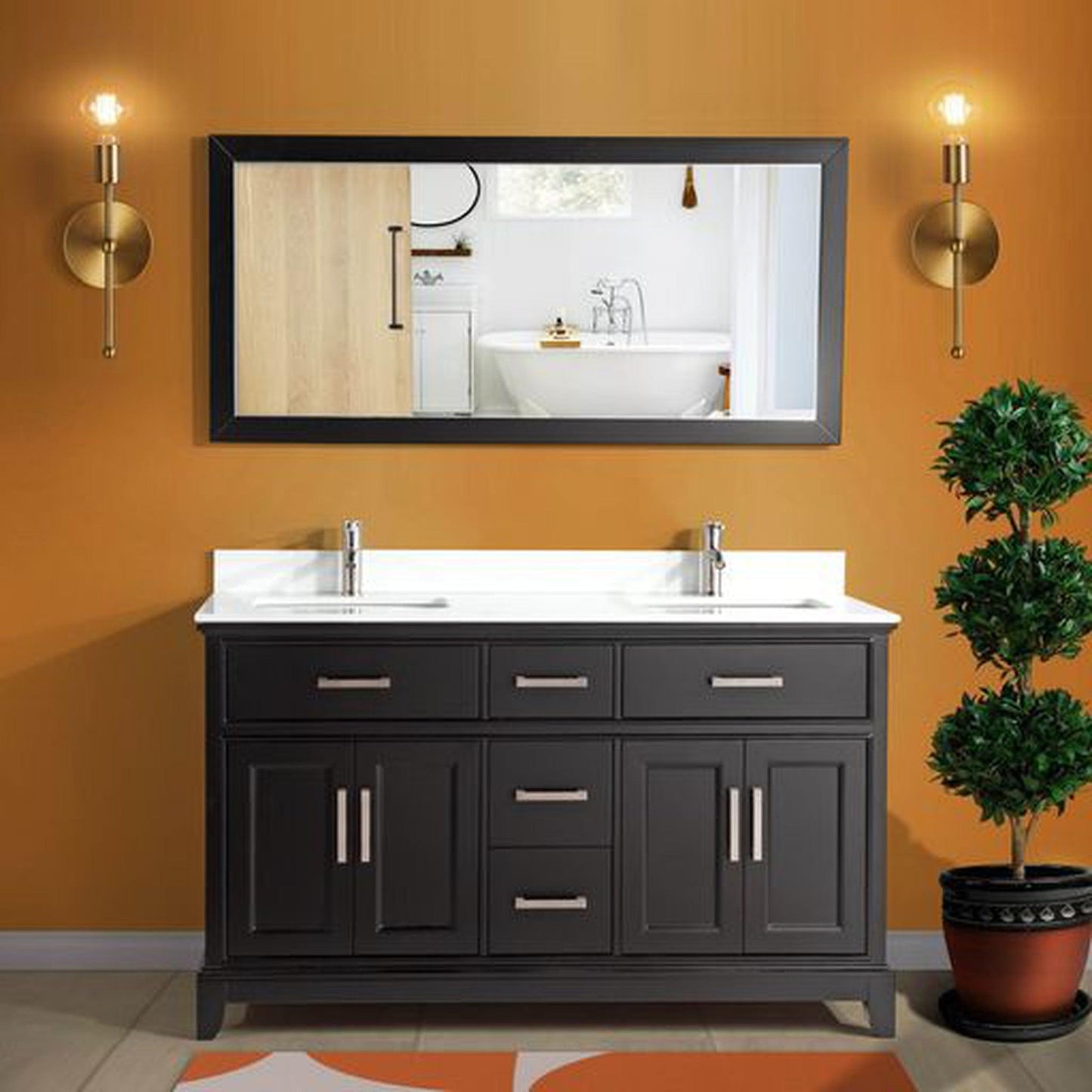 Vanity Art Genoa 60" Double Espresso Freestanding Modern Bathroom Vanity Set With Super White Engineered Marble Top, White Ceramic Sink, Backsplash and Mirror