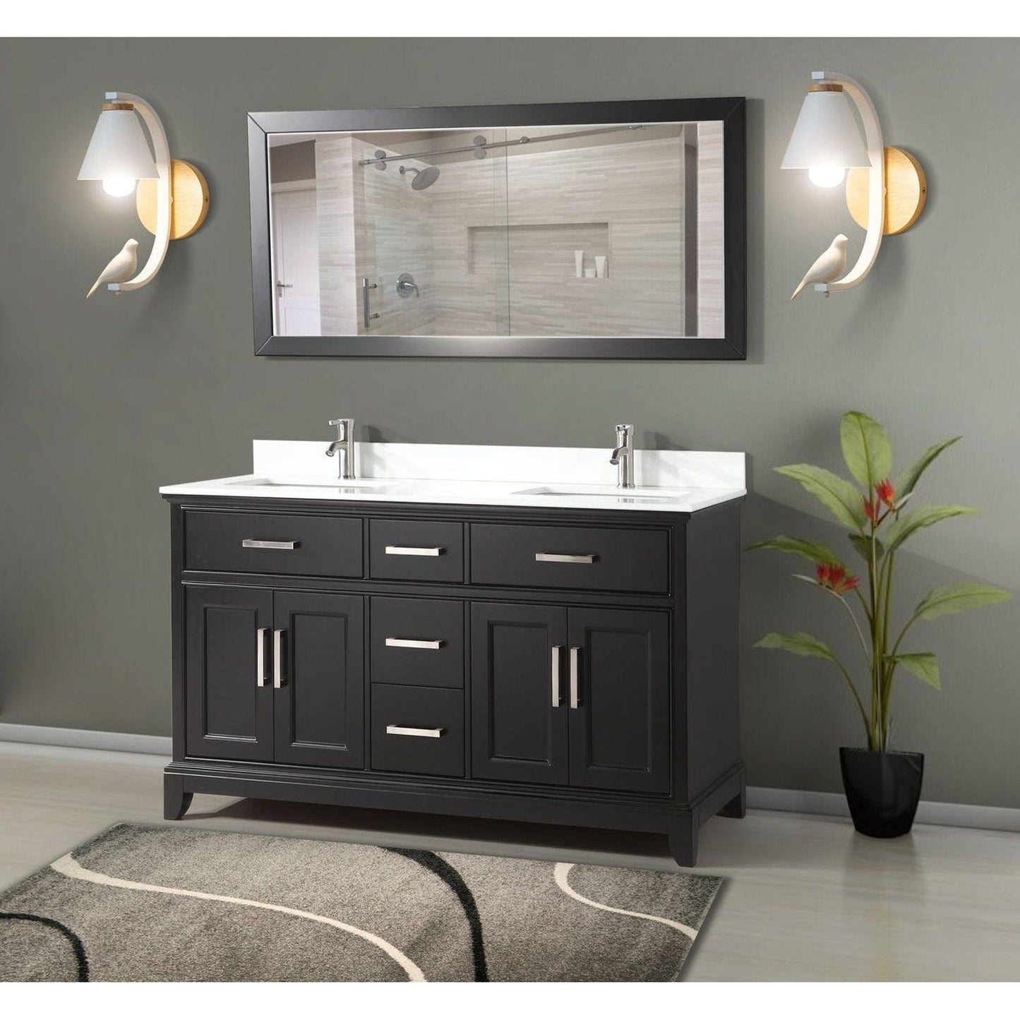 Vanity Art Genoa 60" Double Espresso Freestanding Modern Bathroom Vanity Set With Super White Engineered Marble Top, White Ceramic Sink, Backsplash and Mirror