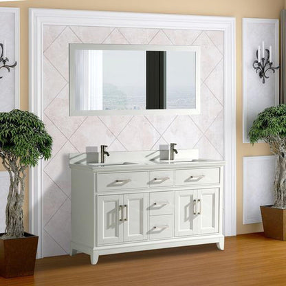 Vanity Art Genoa 60" Double White Freestanding Modern Bathroom Vanity Set With Super White Engineered Marble Top, White Ceramic Sink, Backsplash and Mirror