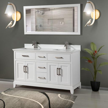 Vanity Art Genoa 60" Double White Freestanding Modern Bathroom Vanity Set With Super White Engineered Marble Top, White Ceramic Sink, Backsplash and Mirror