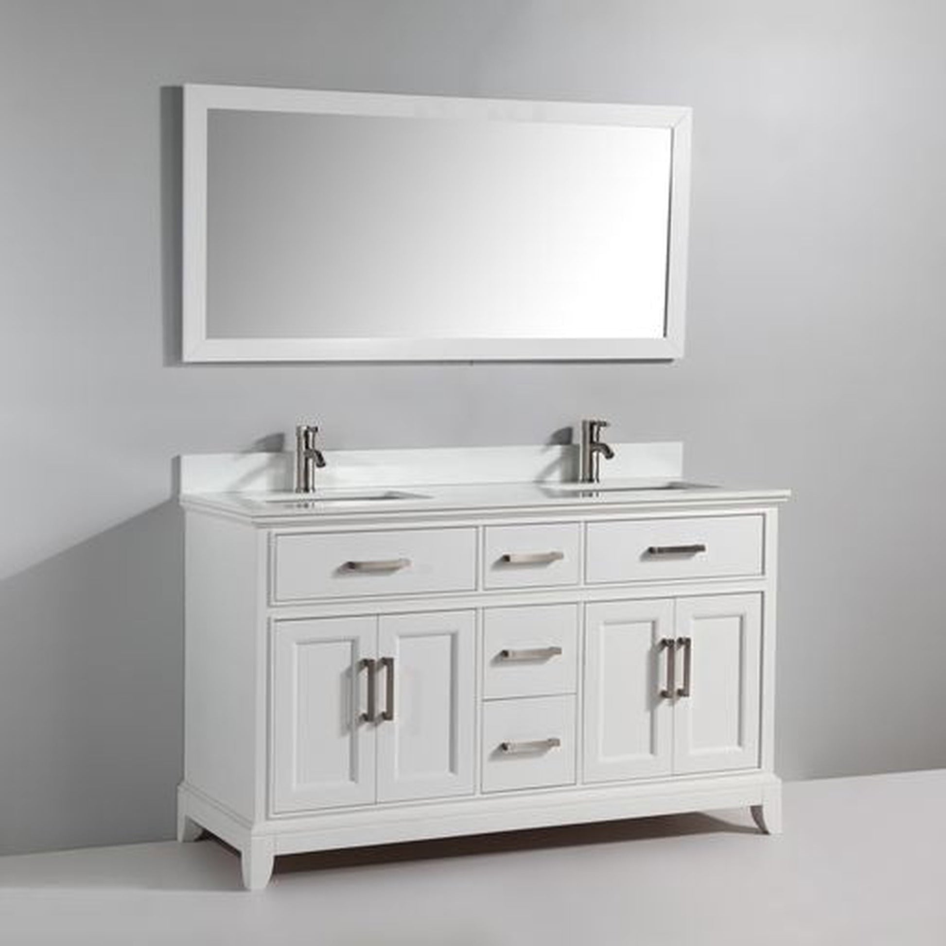 Vanity Art Genoa 60" Double White Freestanding Modern Bathroom Vanity Set With Super White Engineered Marble Top, White Ceramic Sink, Backsplash and Mirror
