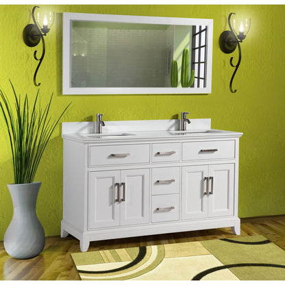 Vanity Art Genoa 60" Double White Freestanding Modern Bathroom Vanity Set With Super White Engineered Marble Top, White Ceramic Sink, Backsplash and Mirror