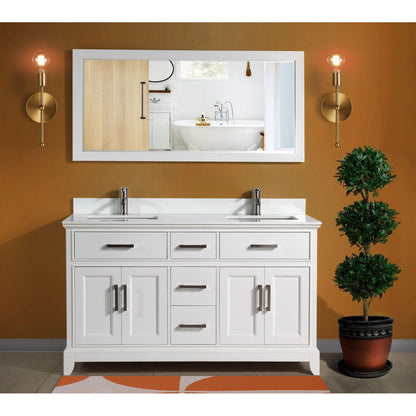 Vanity Art Genoa 60" Double White Freestanding Modern Bathroom Vanity Set With Super White Engineered Marble Top, White Ceramic Sink, Backsplash and Mirror