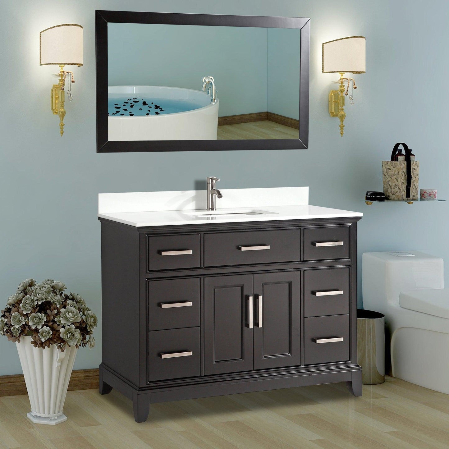 Vanity Art Genoa 60" Single Espresso Freestanding Modern Bathroom Vanity Set With Super White Engineered Marble Top, White Ceramic Sink, Backsplash and Mirror