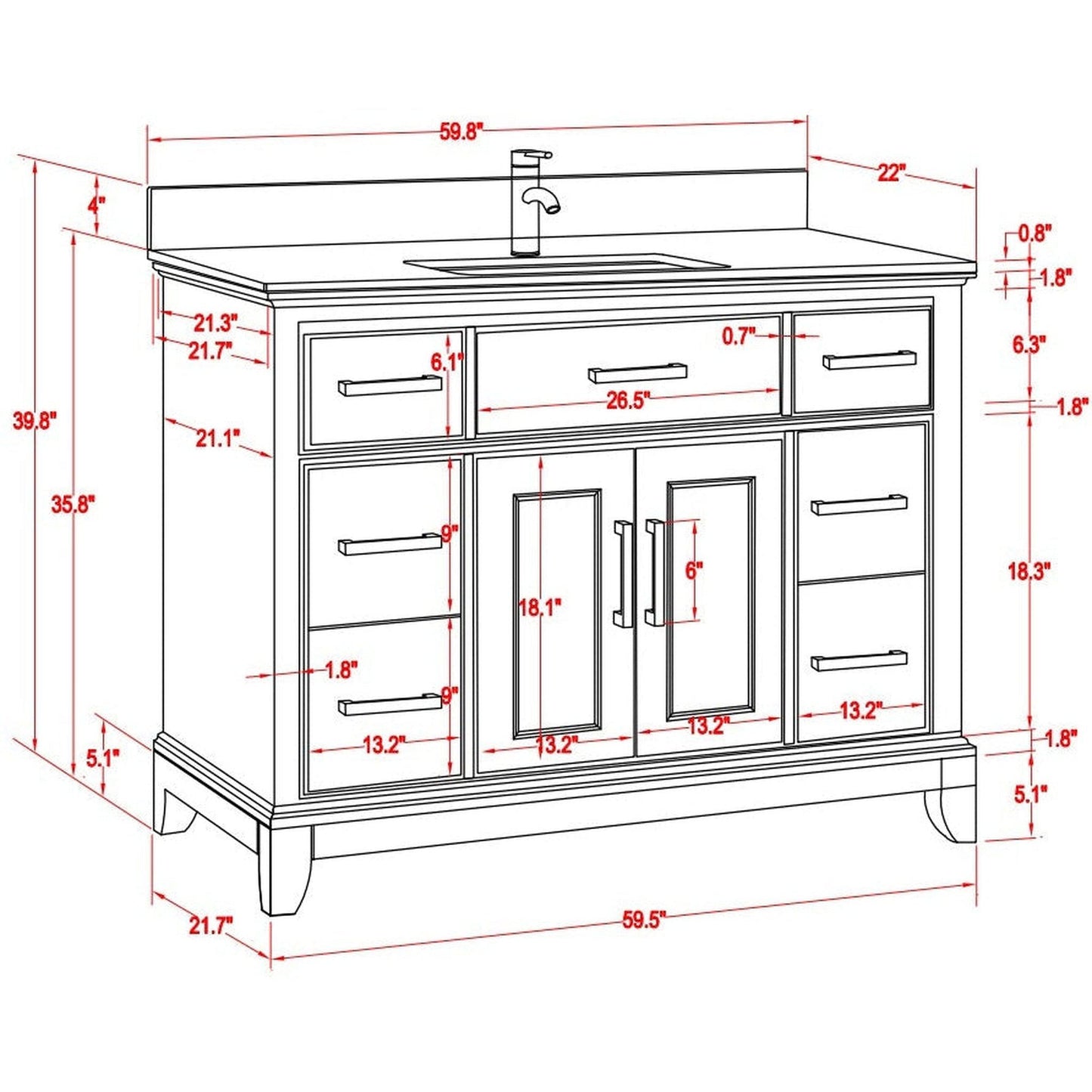 Vanity Art Genoa 60" Single White Freestanding Modern Bathroom Vanity Set With Super White Engineered Marble Top, White Ceramic Sink, Backsplash and Mirror