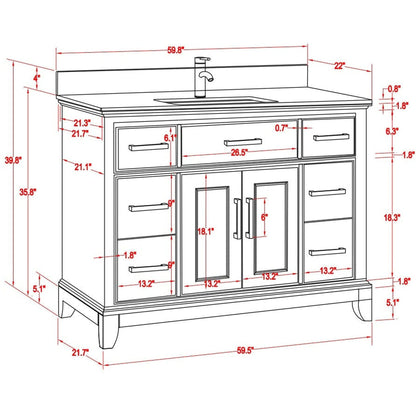 Vanity Art Genoa 60" Single White Freestanding Modern Bathroom Vanity Set With Super White Engineered Marble Top, White Ceramic Sink, Backsplash and Mirror