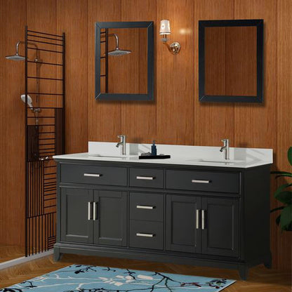 Vanity Art Genoa 72" Double Espresso Freestanding Modern Bathroom Vanity Set With Super White Engineered Marble Top, White Ceramic Sink, Backsplash and 2 Mirrors