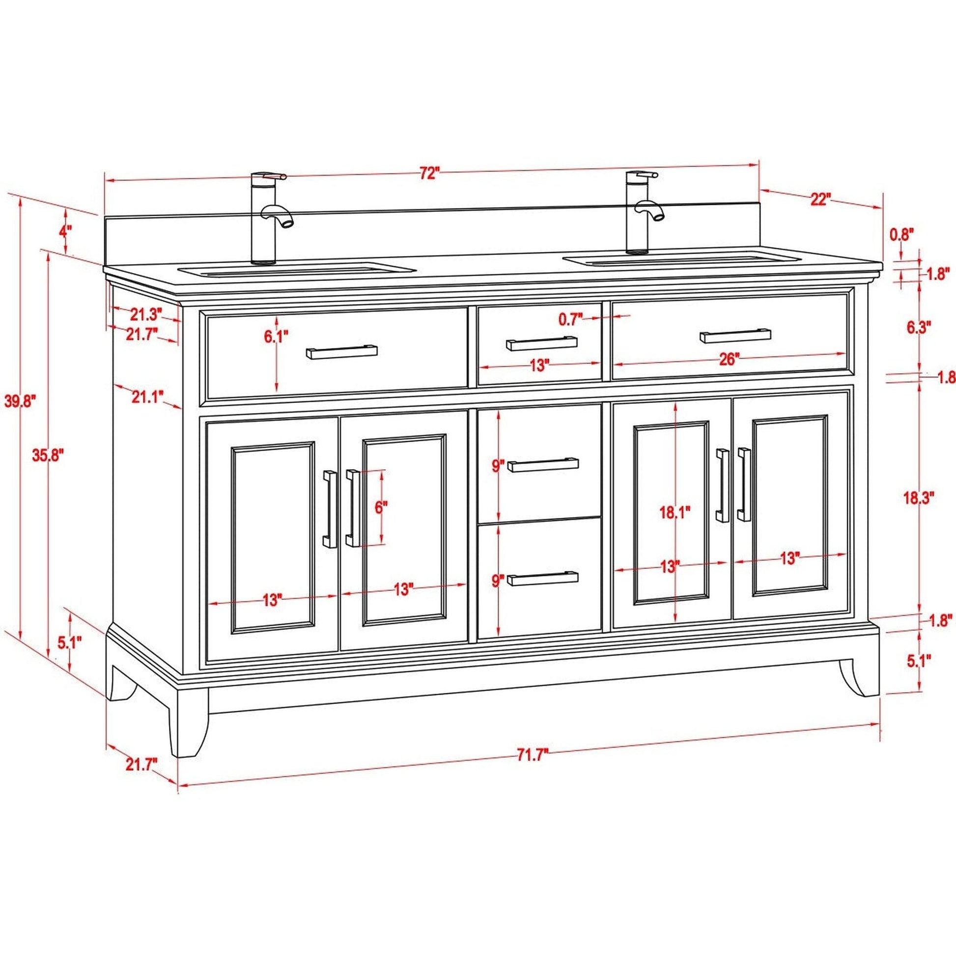 Vanity Art Genoa 72" Double Espresso Freestanding Modern Bathroom Vanity Set With Super White Engineered Marble Top, White Ceramic Sink, Backsplash and 2 Mirrors