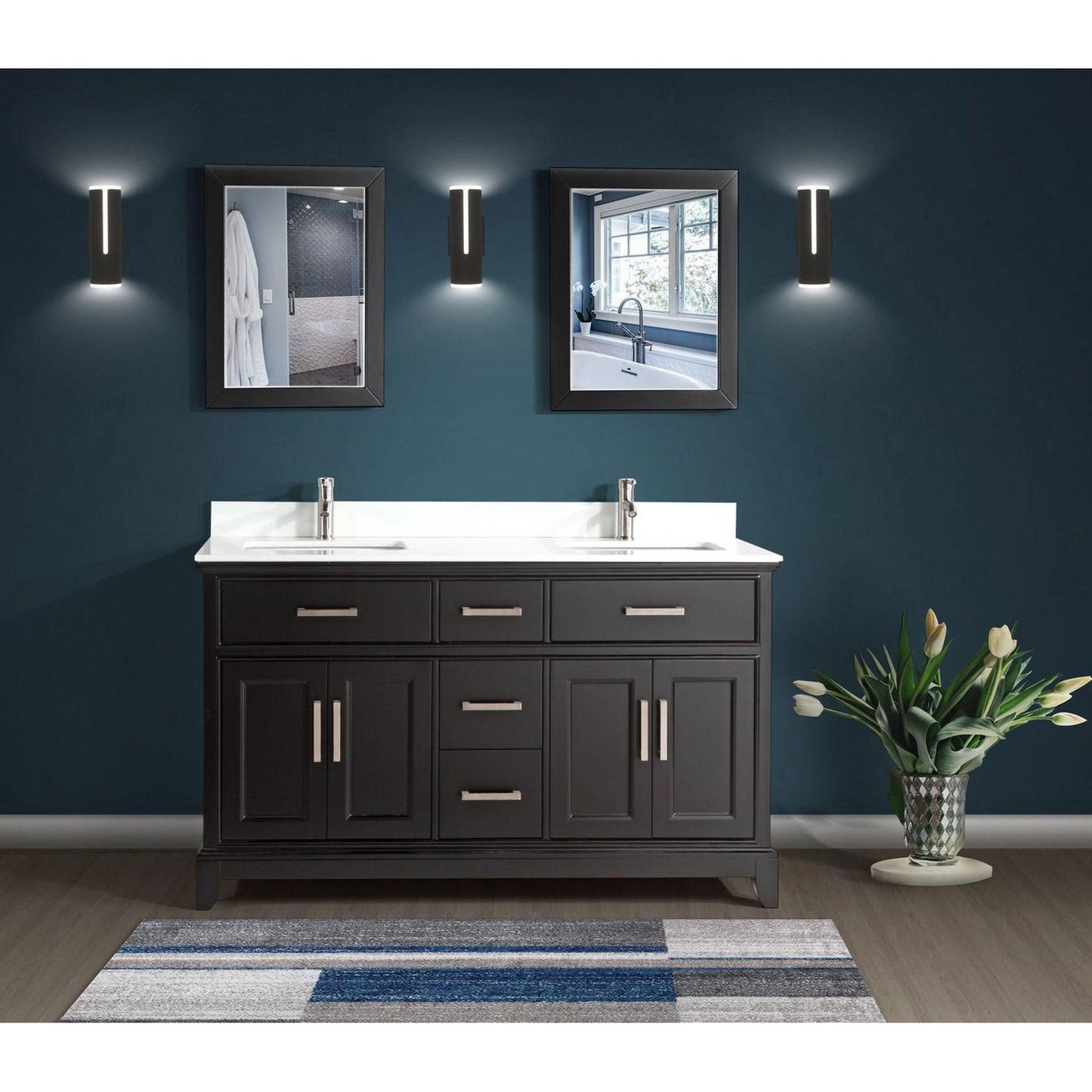 Vanity Art Genoa 72" Double Espresso Freestanding Modern Bathroom Vanity Set With Super White Engineered Marble Top, White Ceramic Sink, Backsplash and 2 Mirrors