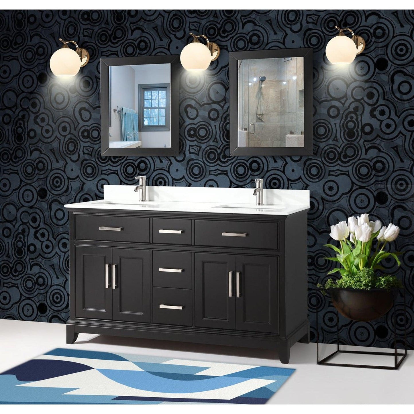 Vanity Art Genoa 72" Double Espresso Freestanding Modern Bathroom Vanity Set With Super White Engineered Marble Top, White Ceramic Sink, Backsplash and 2 Mirrors