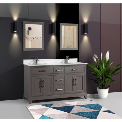 Vanity Art Genoa 72" Double Gray Freestanding Modern Bathroom Vanity Set With Super White Engineered Marble Top, White Ceramic Sink, Backsplash and 2 Mirrors