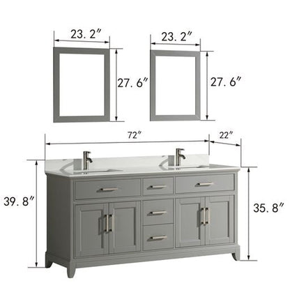 Vanity Art Genoa 72" Double Gray Freestanding Modern Bathroom Vanity Set With Super White Engineered Marble Top, White Ceramic Sink, Backsplash and 2 Mirrors